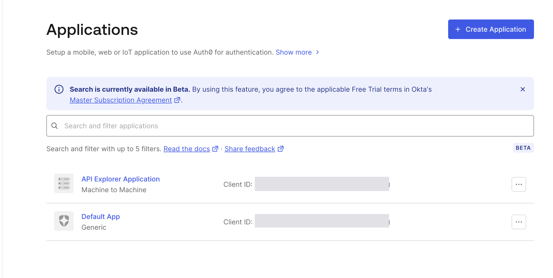 Applications list screen