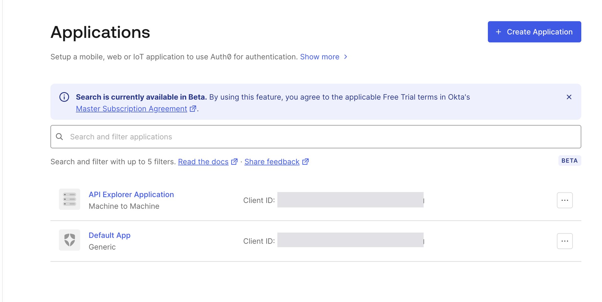 Applications list screen