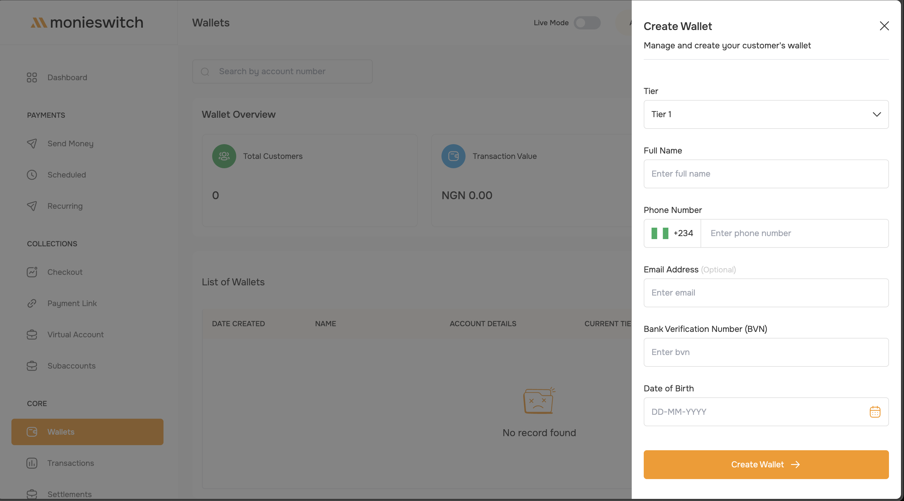 Create Wallet Form Interface