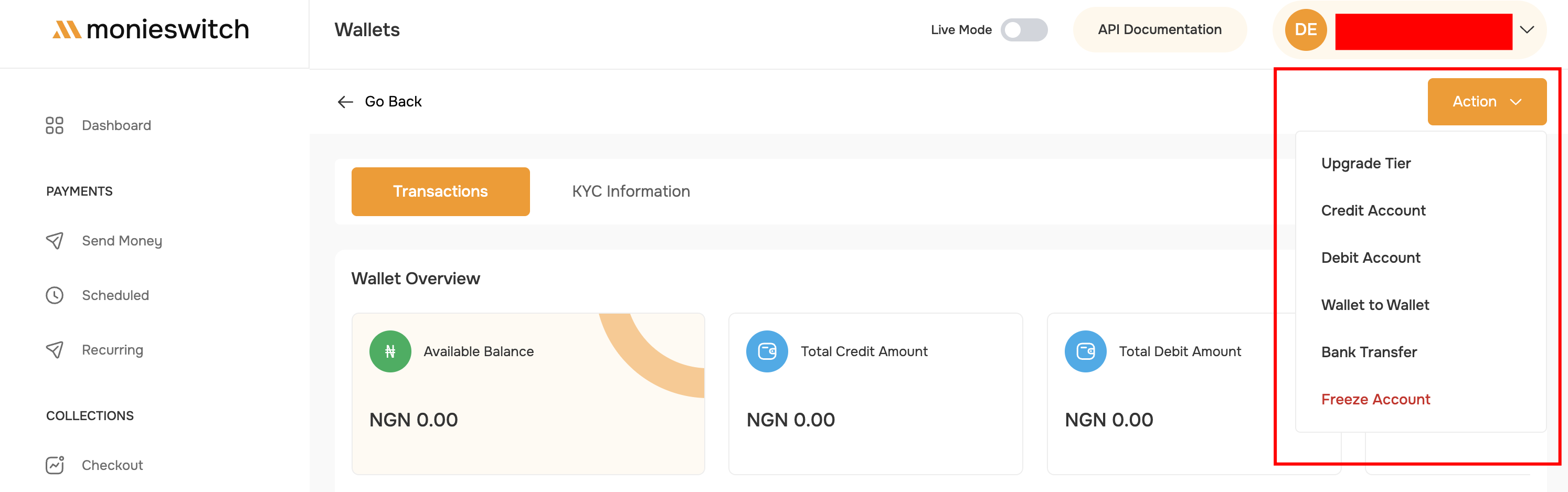 Wallet Action Menu