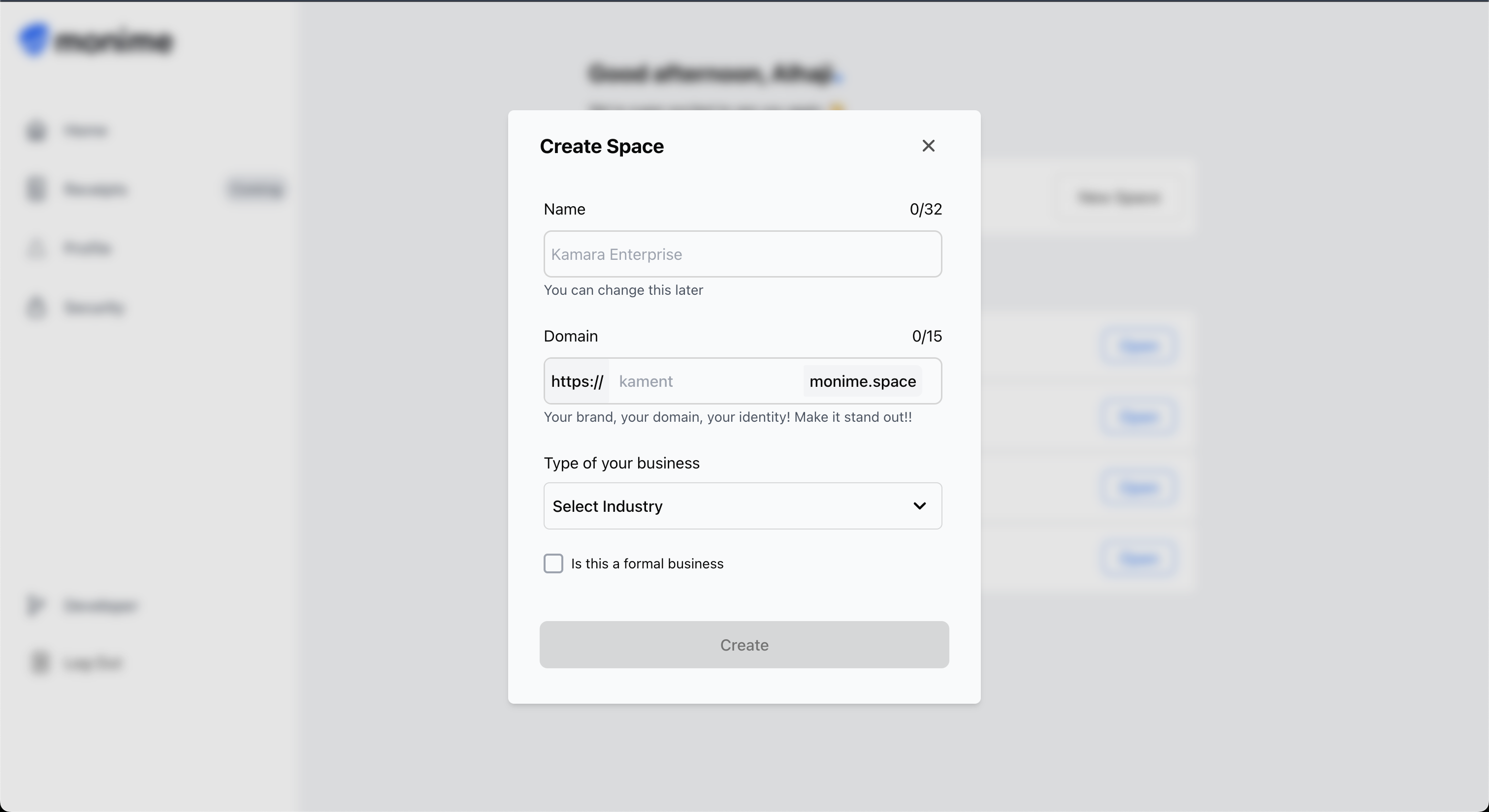 Create Space from Dashboard