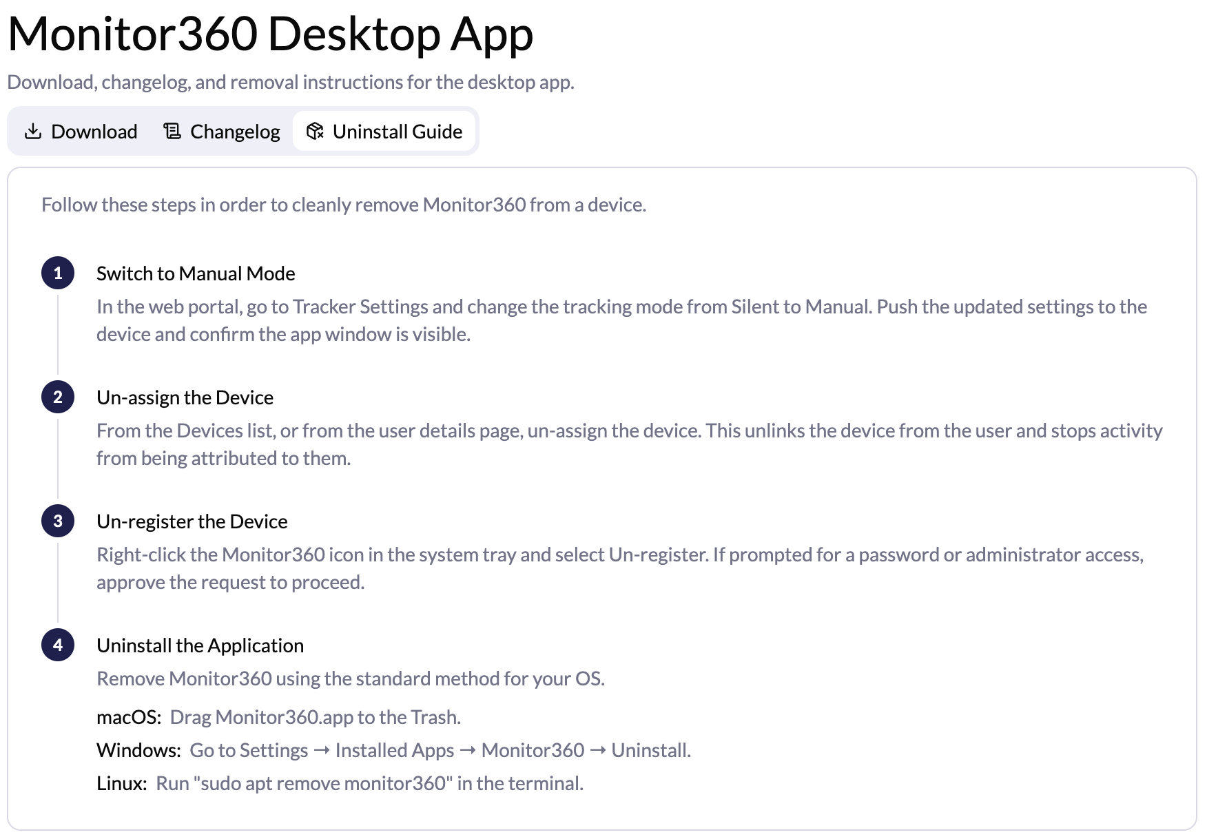 Monitor360 Uninstall Guide screen