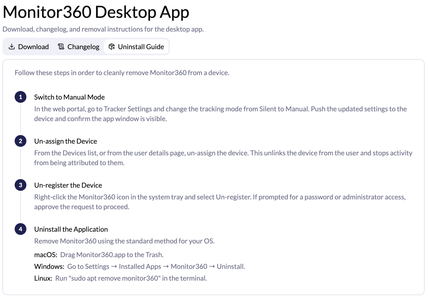 Monitor360 Uninstall Guide screen