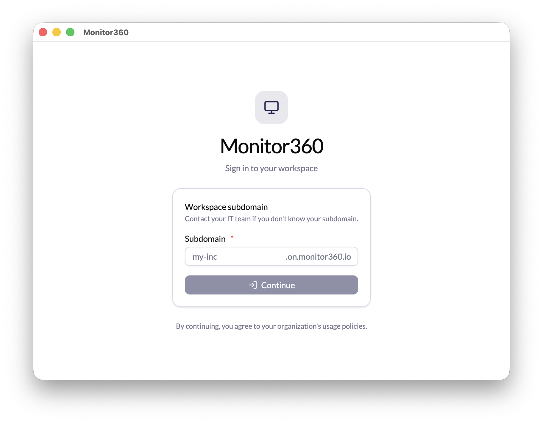 Workspace subdomain entry screen