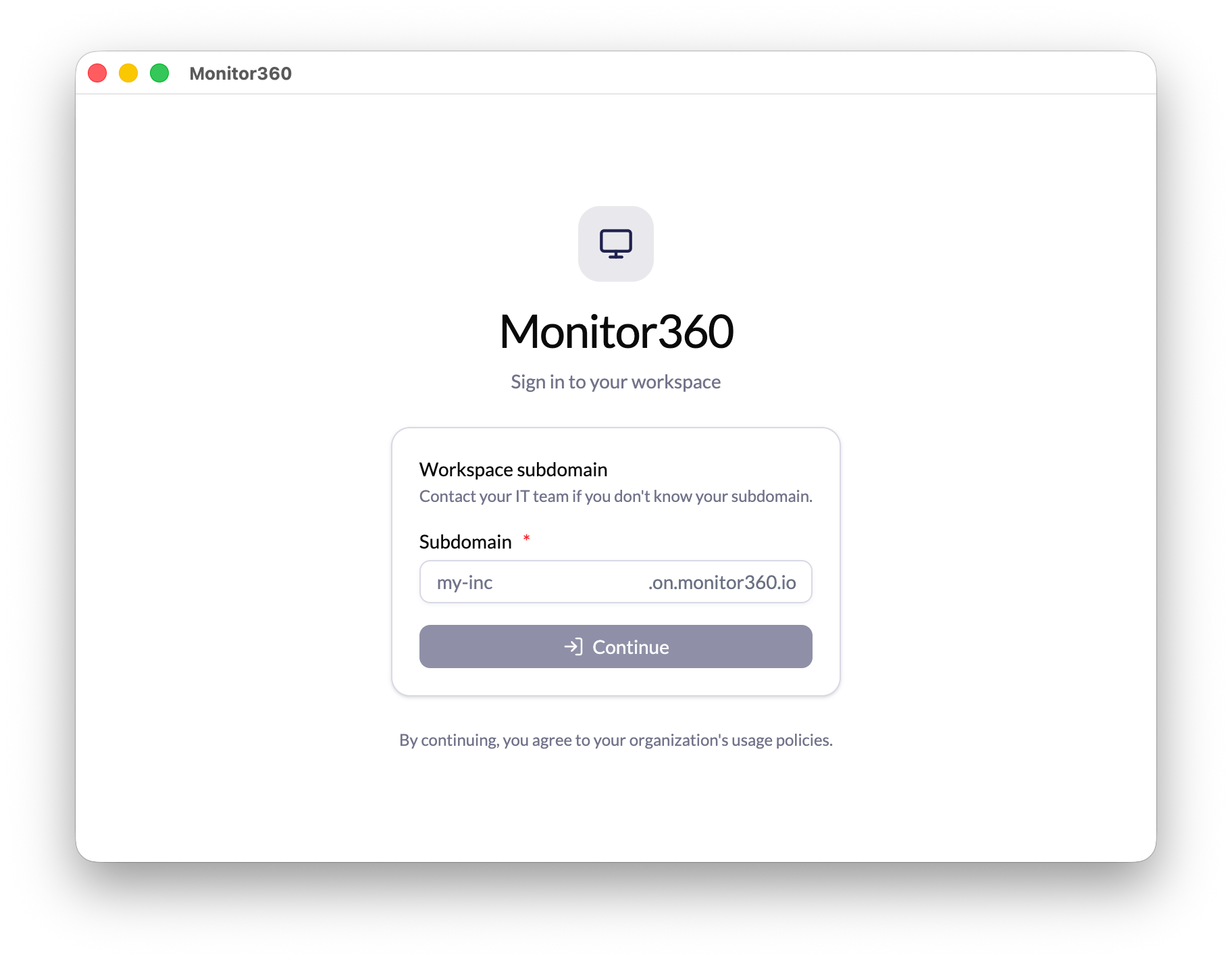 Workspace subdomain entry screen