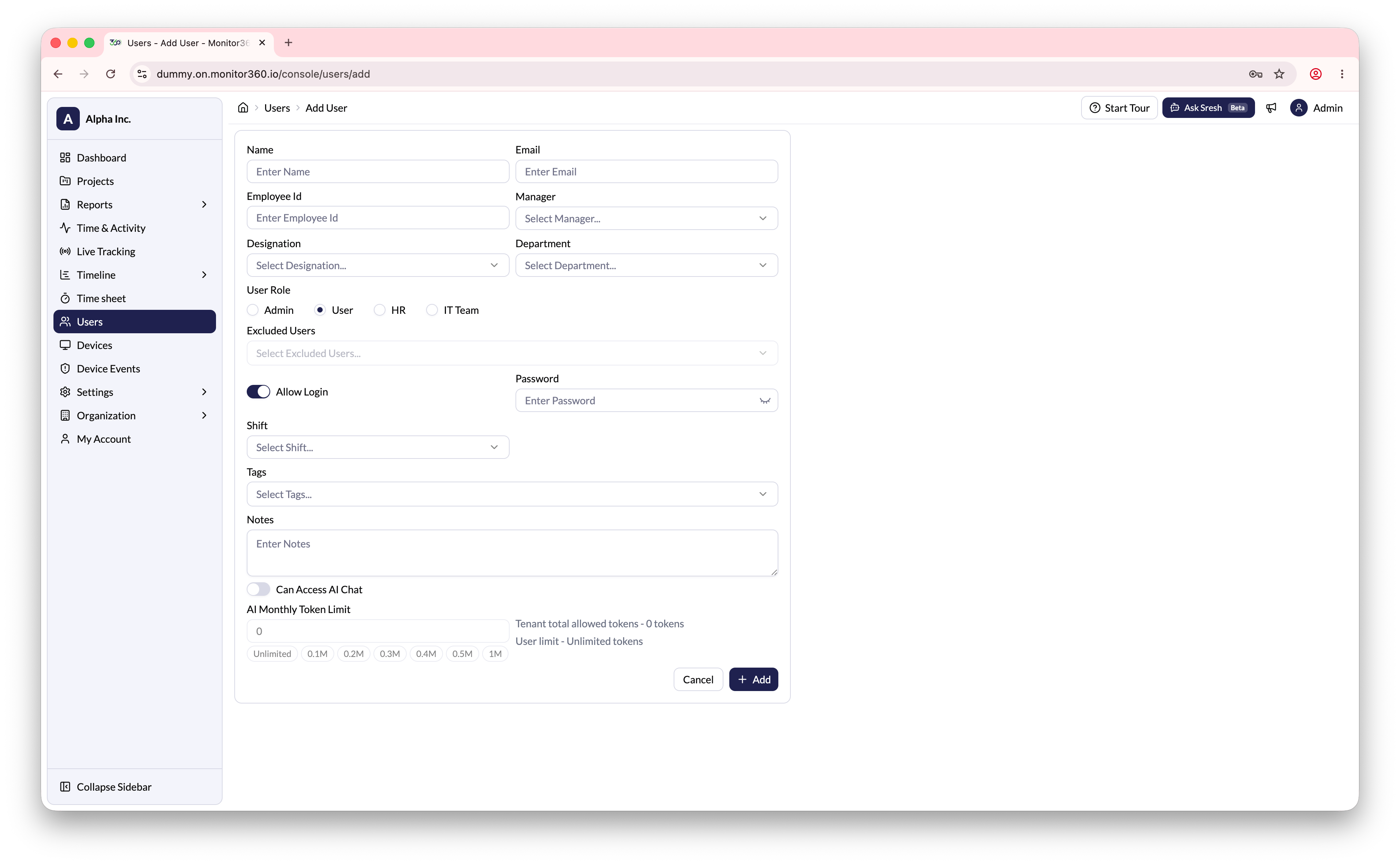 Add user screen