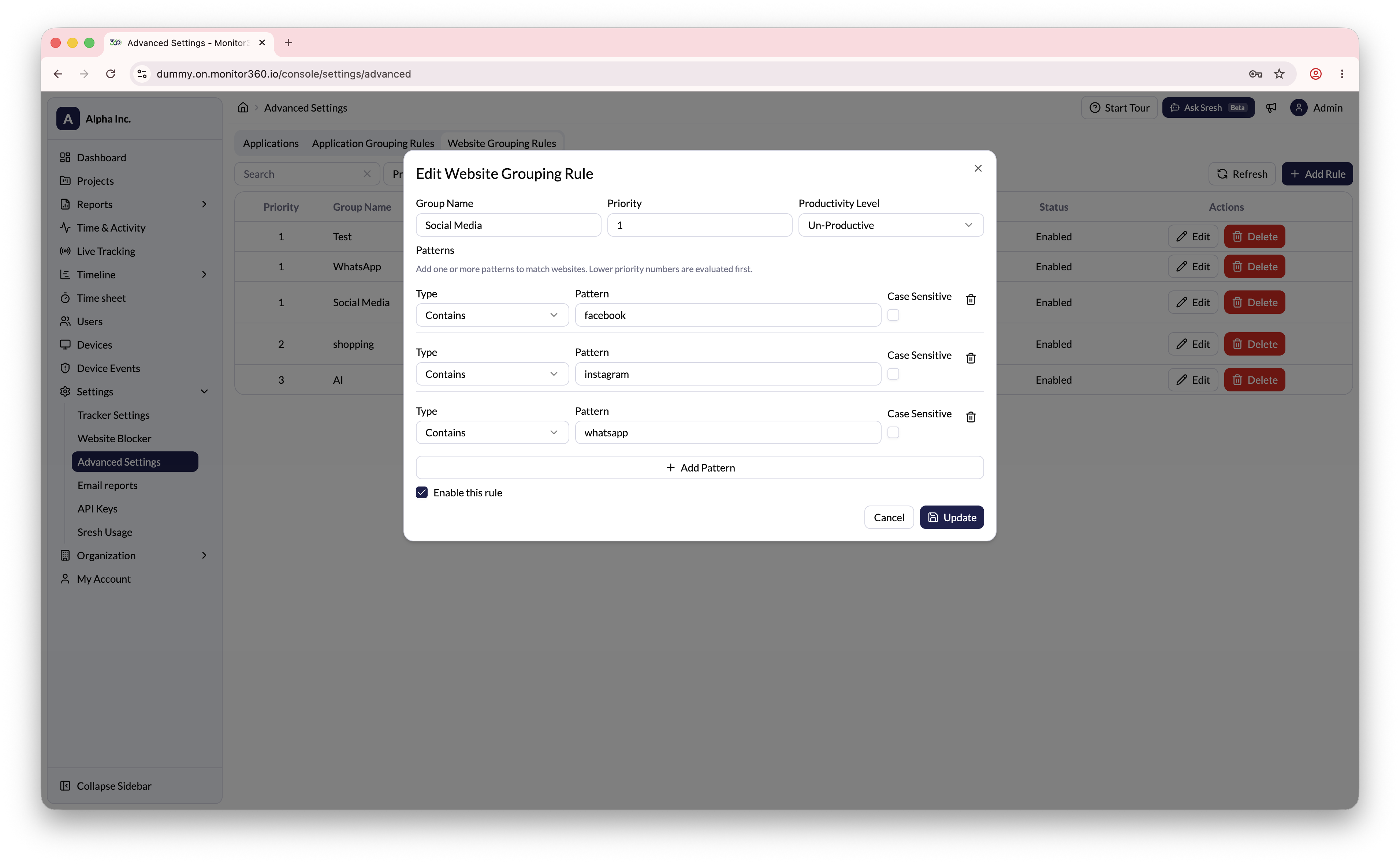 Advanced Settings - Website Grouping Rules