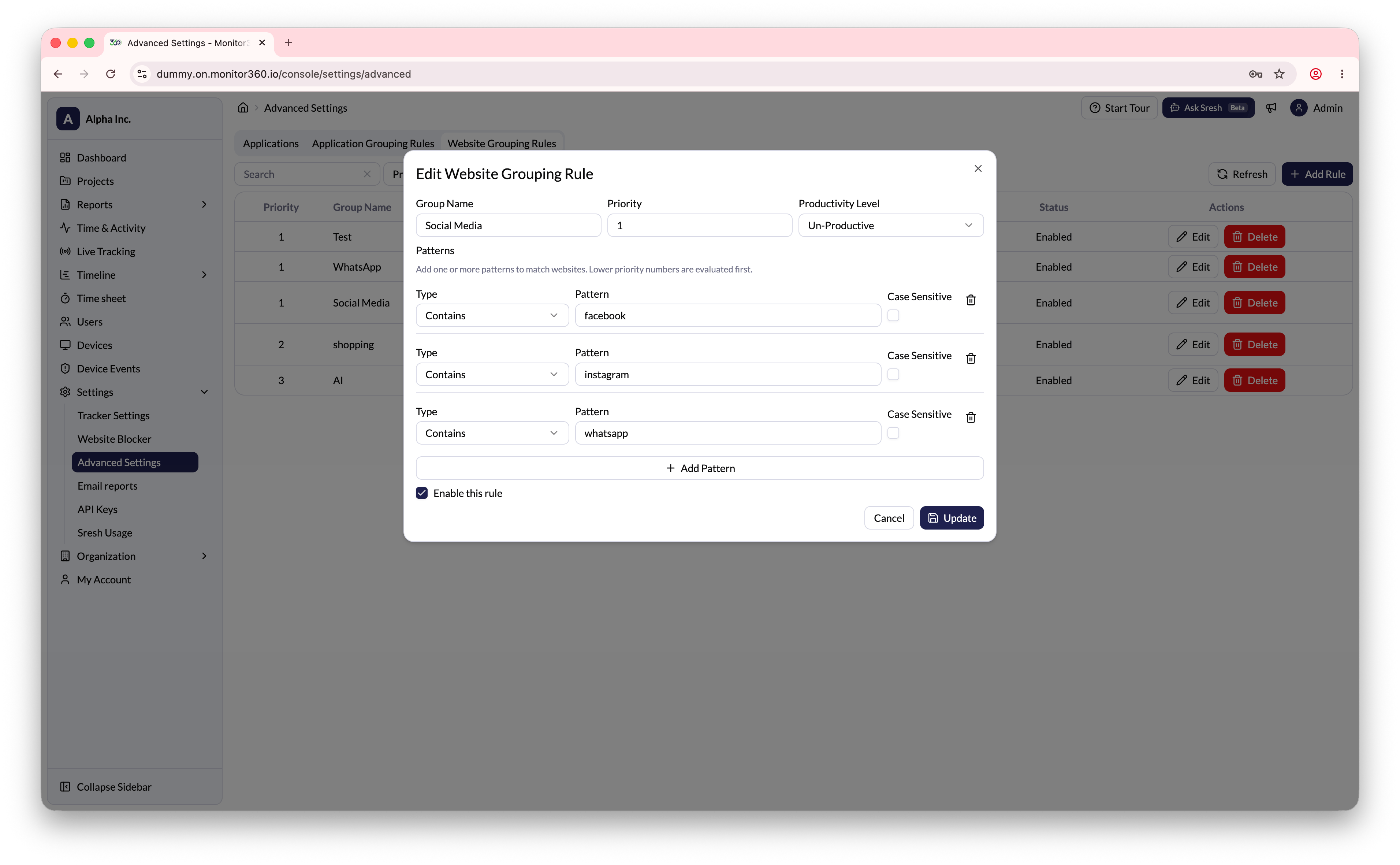 Advanced Settings - Website Grouping Rules