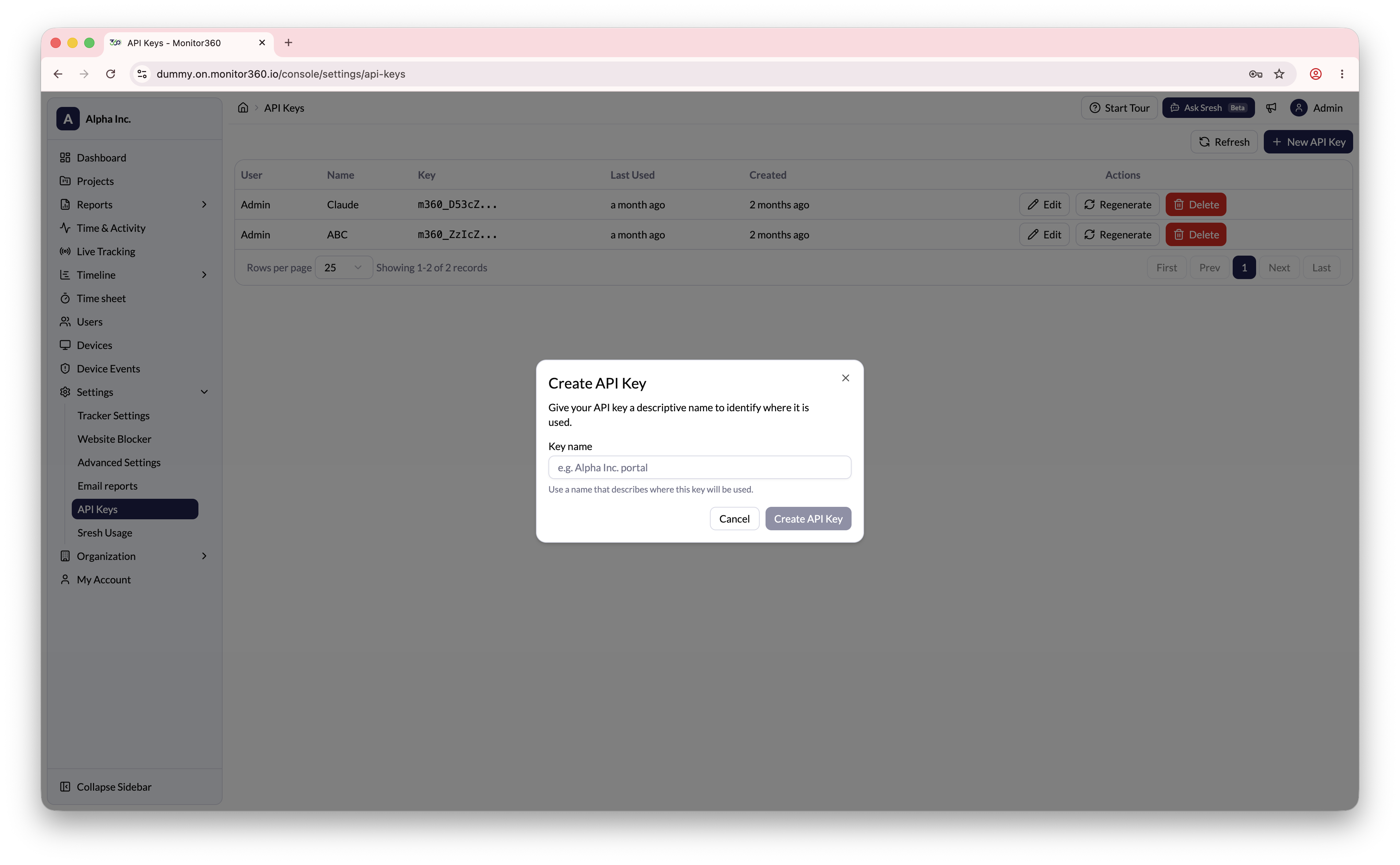 Create API Key dialog