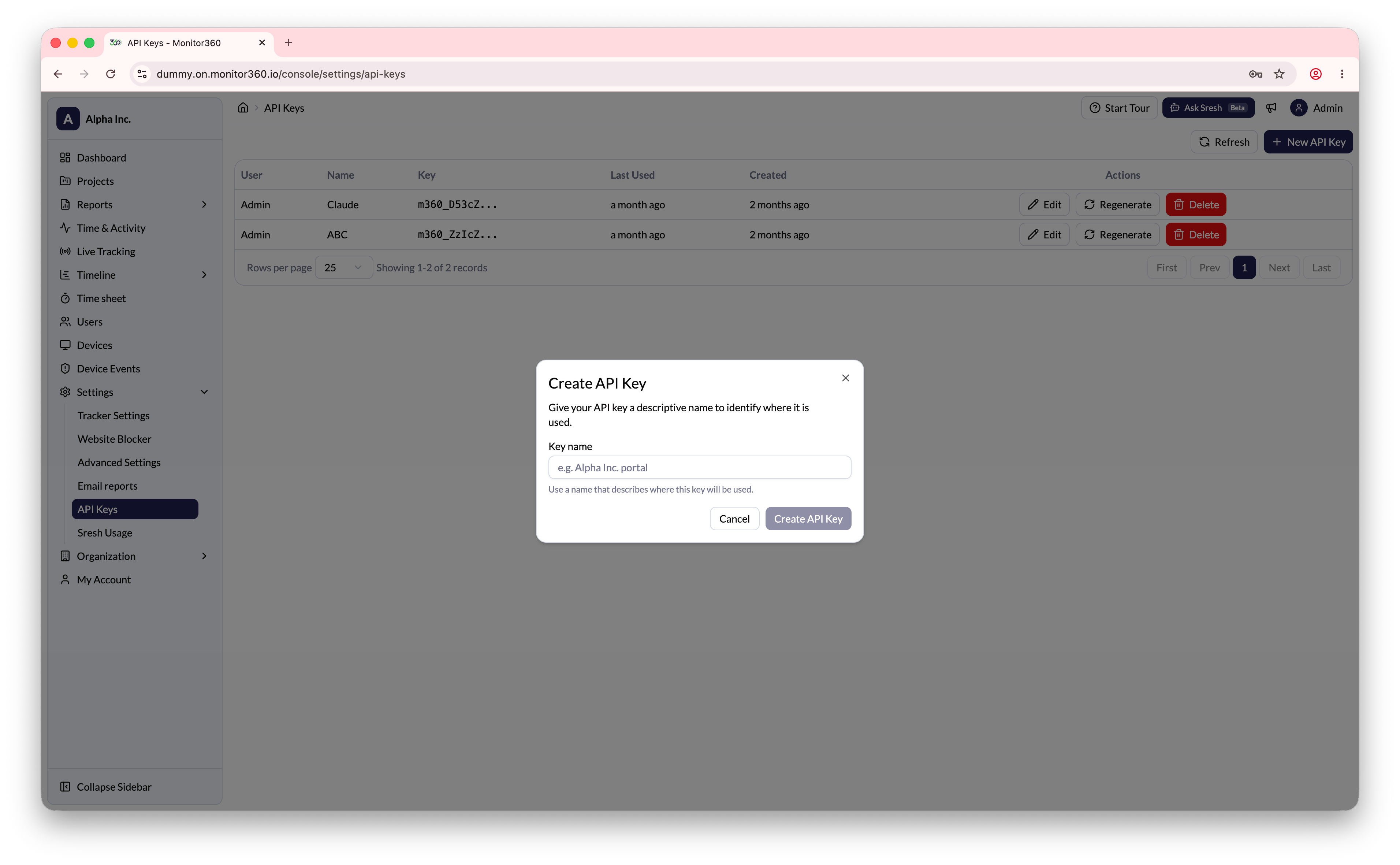 Create API Key dialog