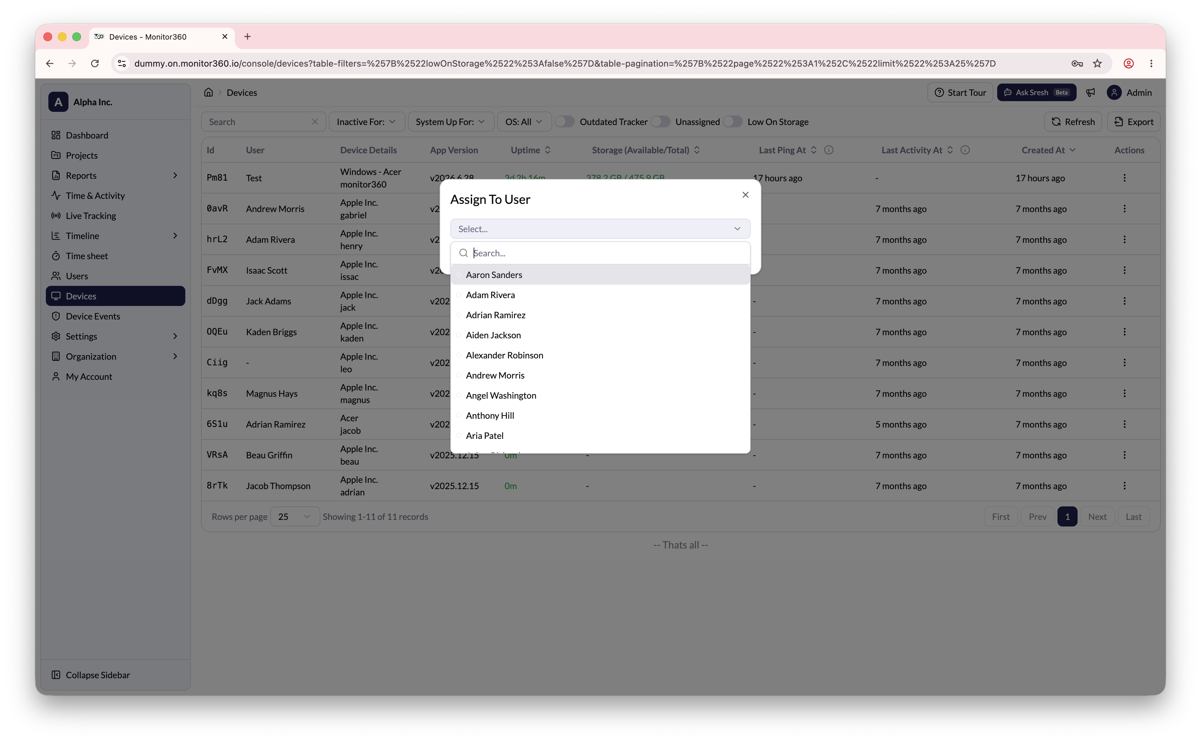 Assign device to user screen