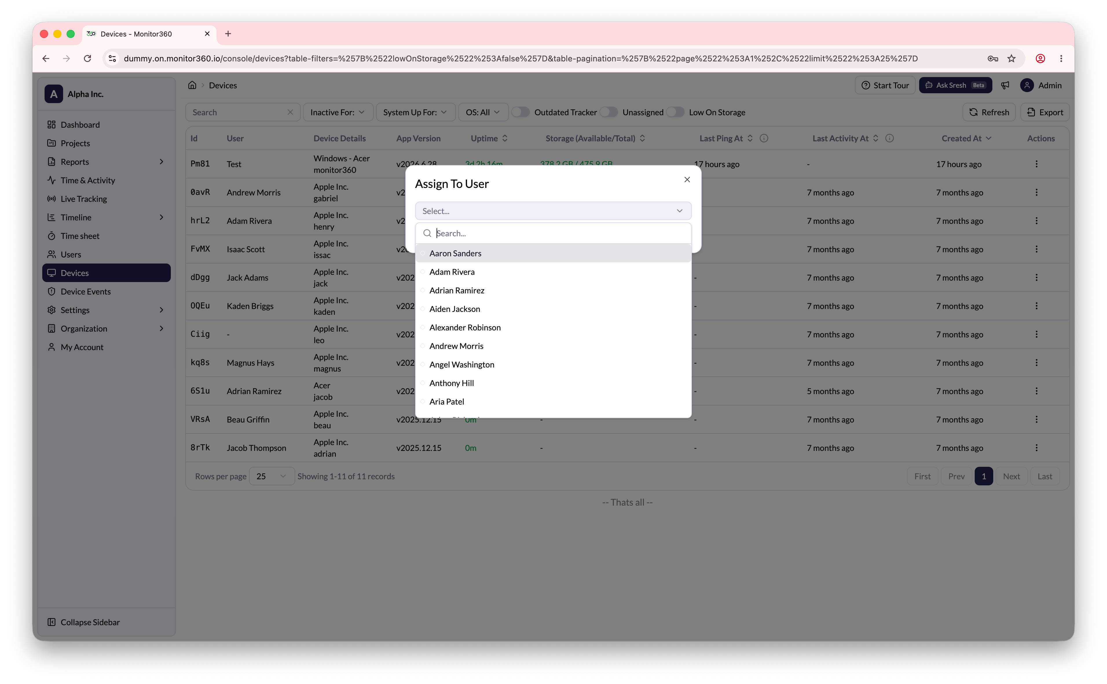Assign device to user screen