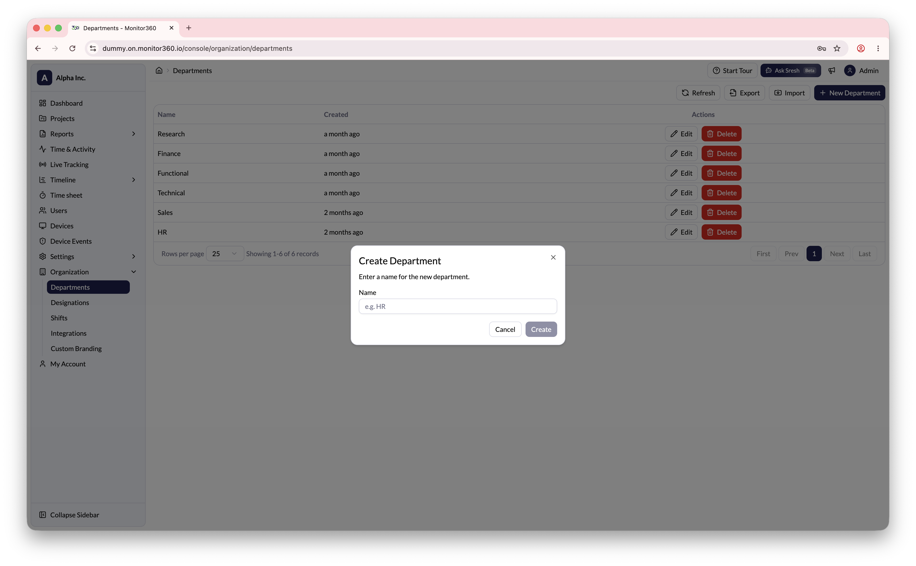 Create Department dialog