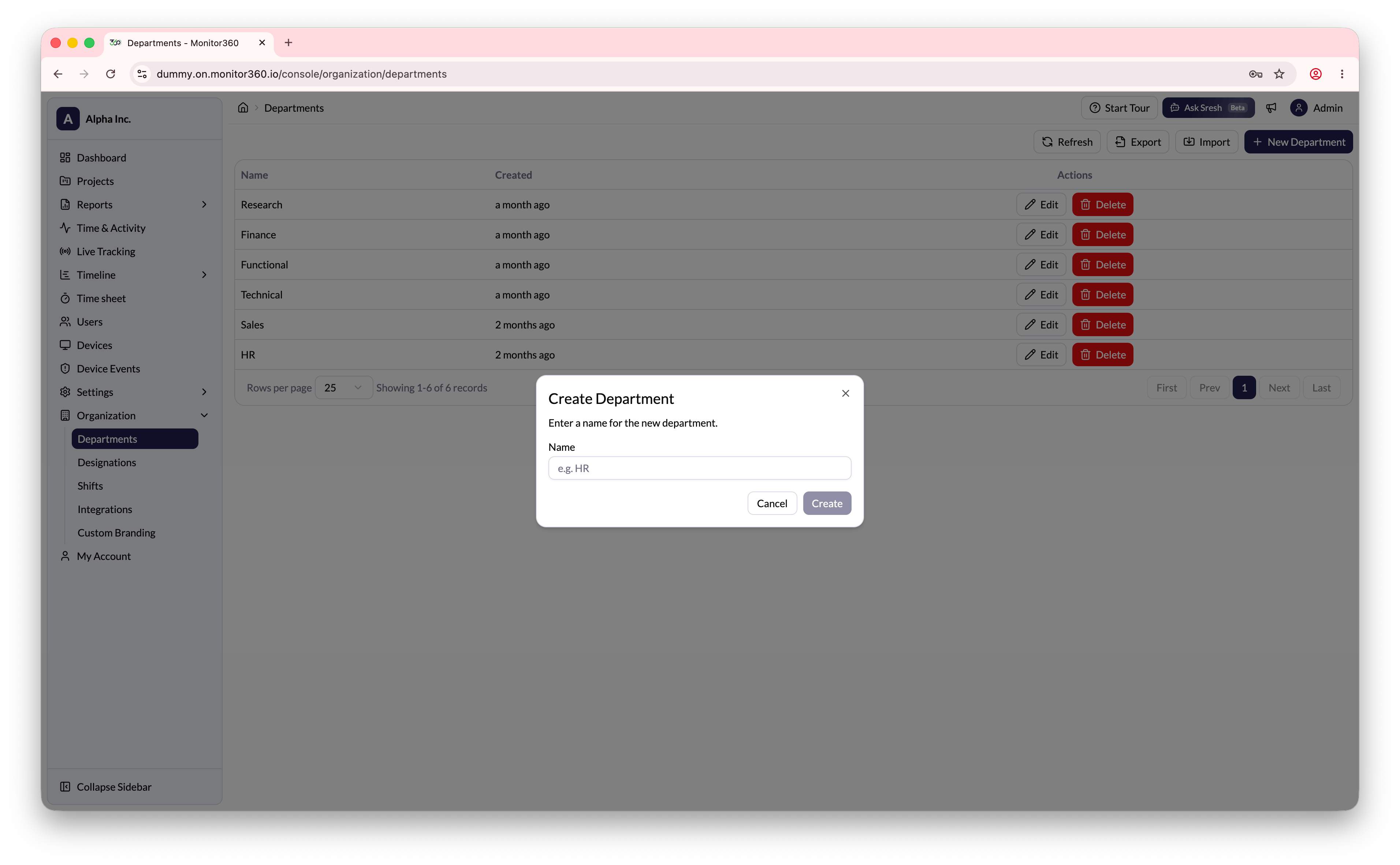 Create Department dialog