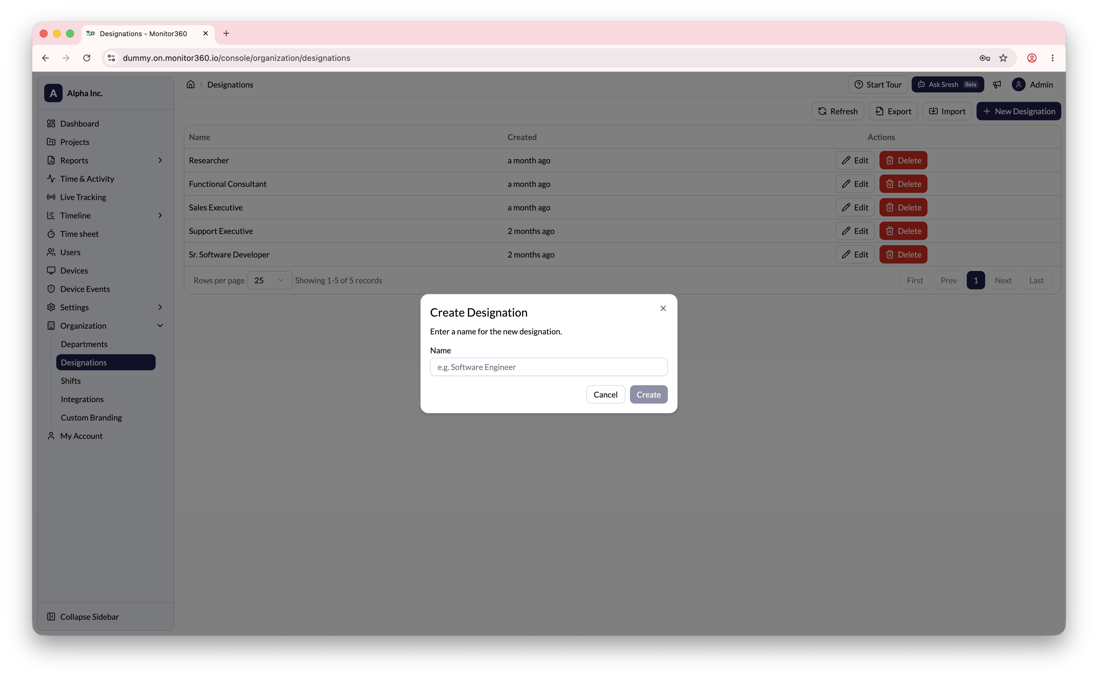 Create Designation dialog