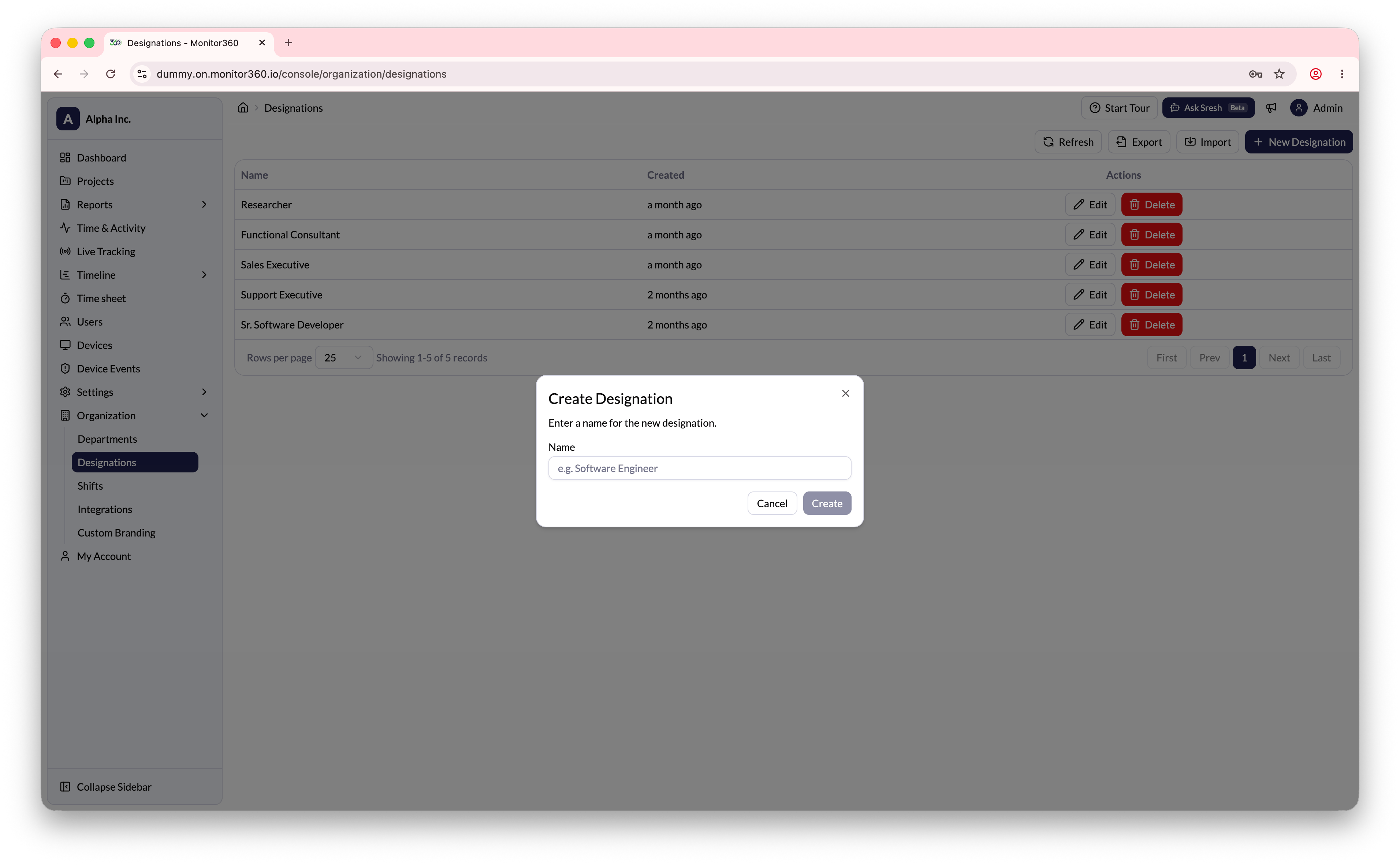 Create Designation dialog