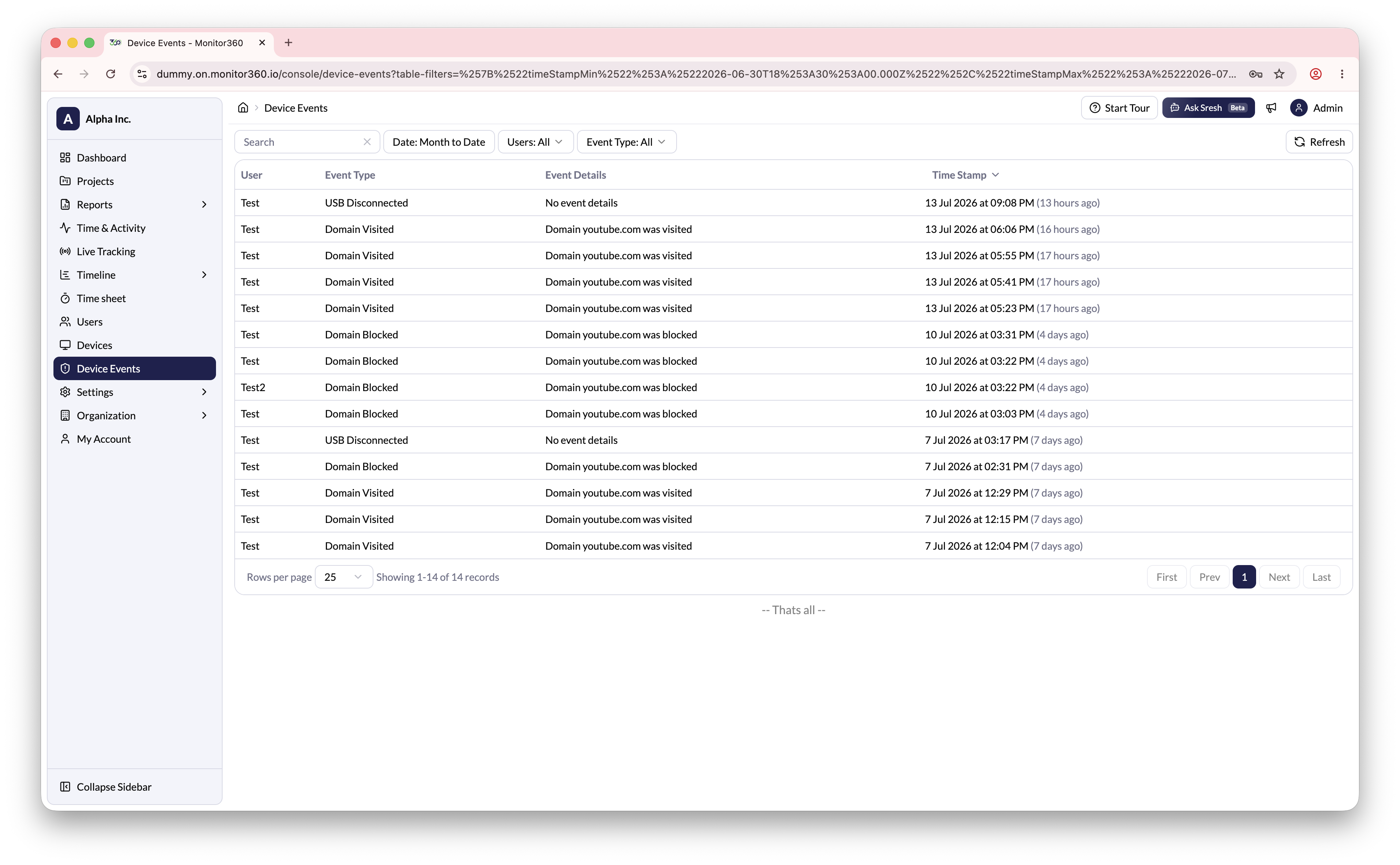 Device Events screen