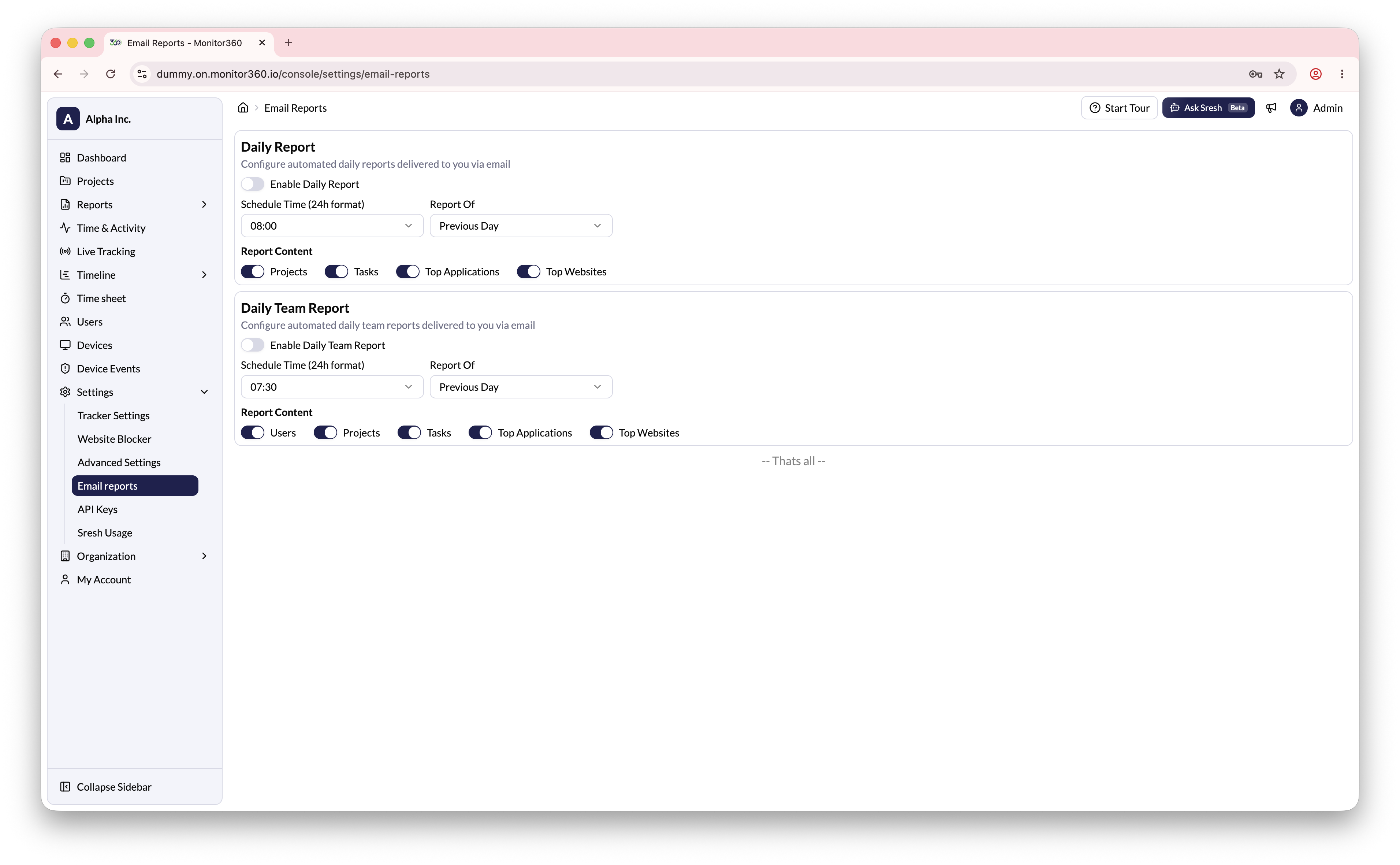 Email reports screen