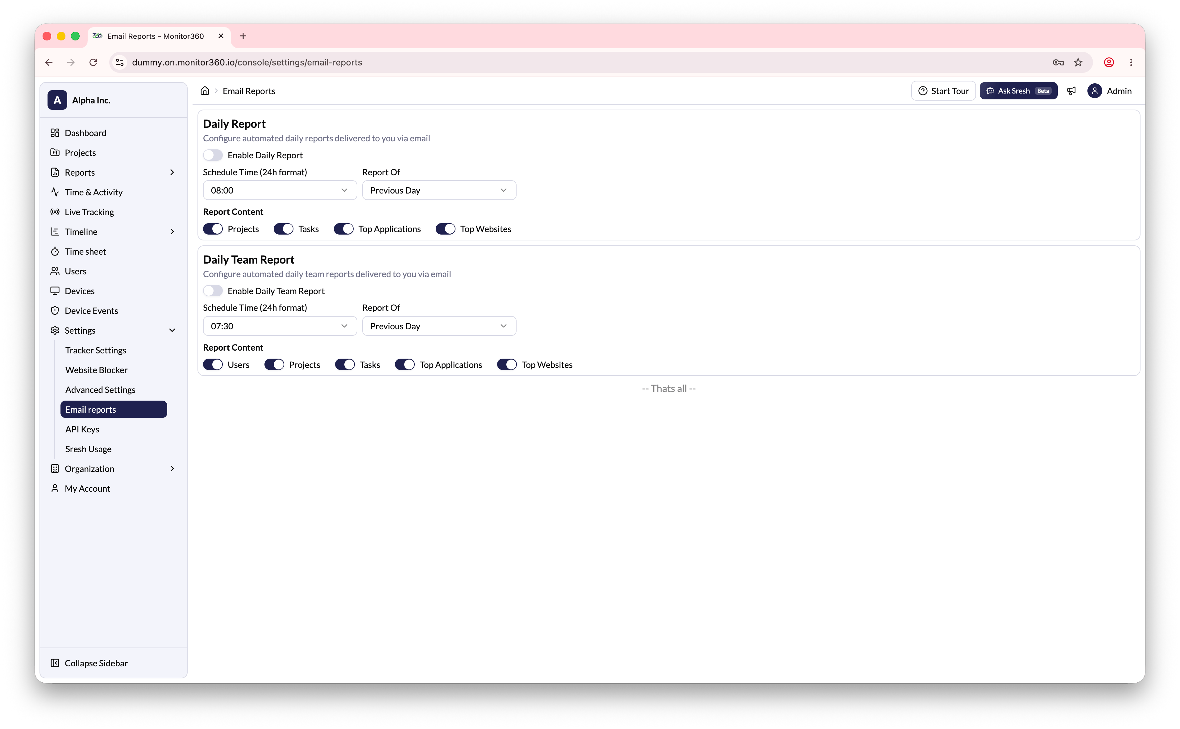 Email reports screen