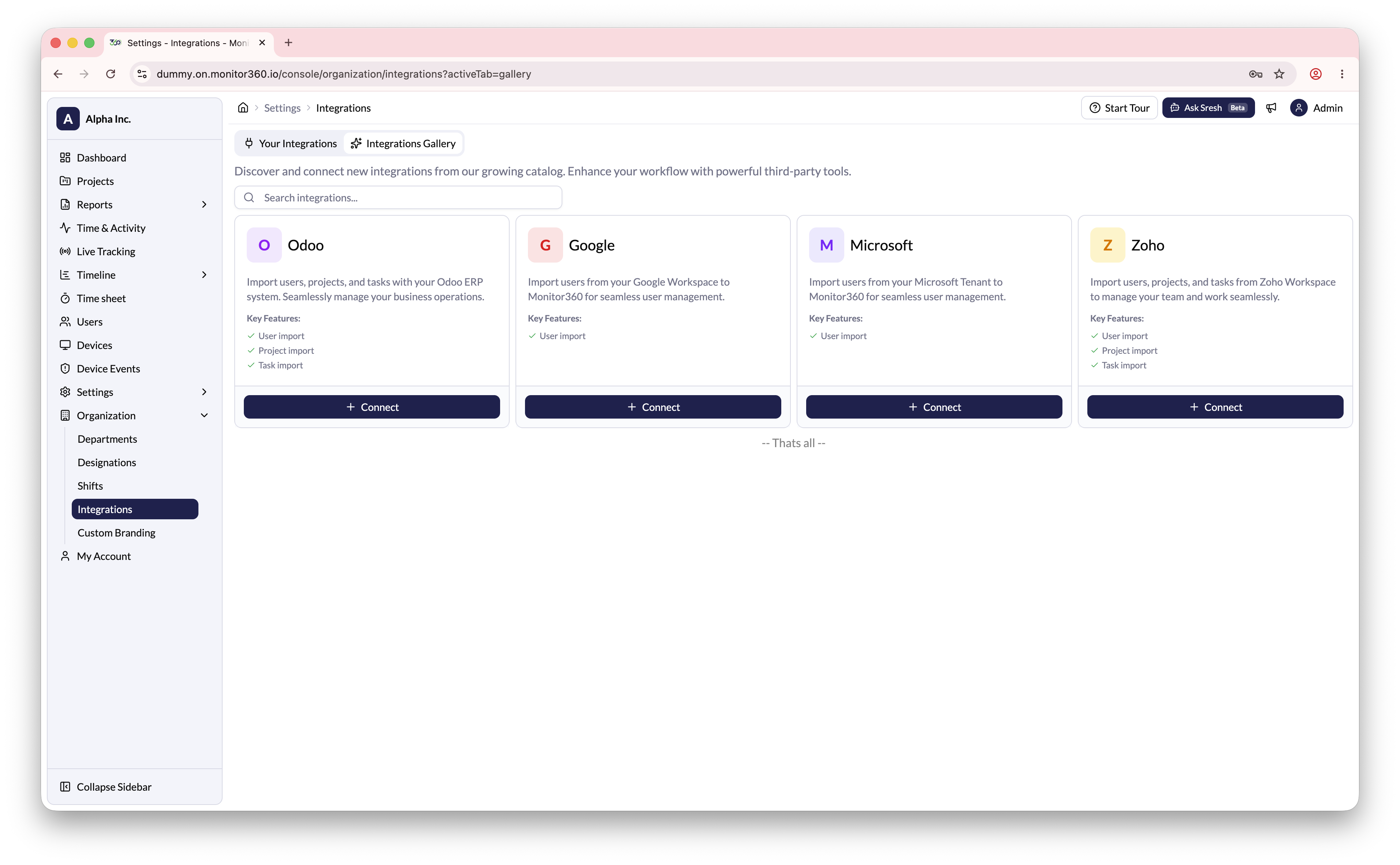 Integrations screen