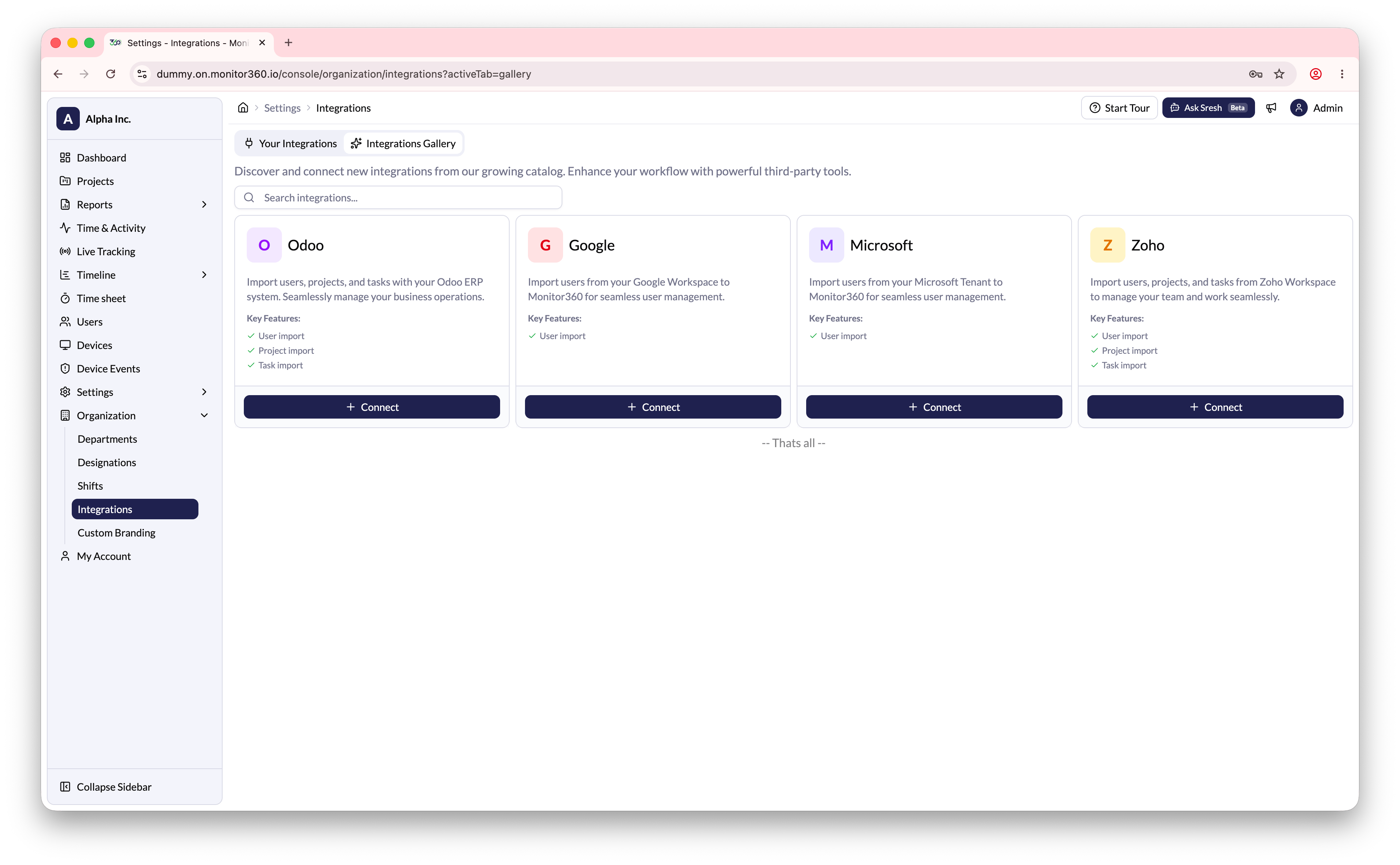 Integrations screen