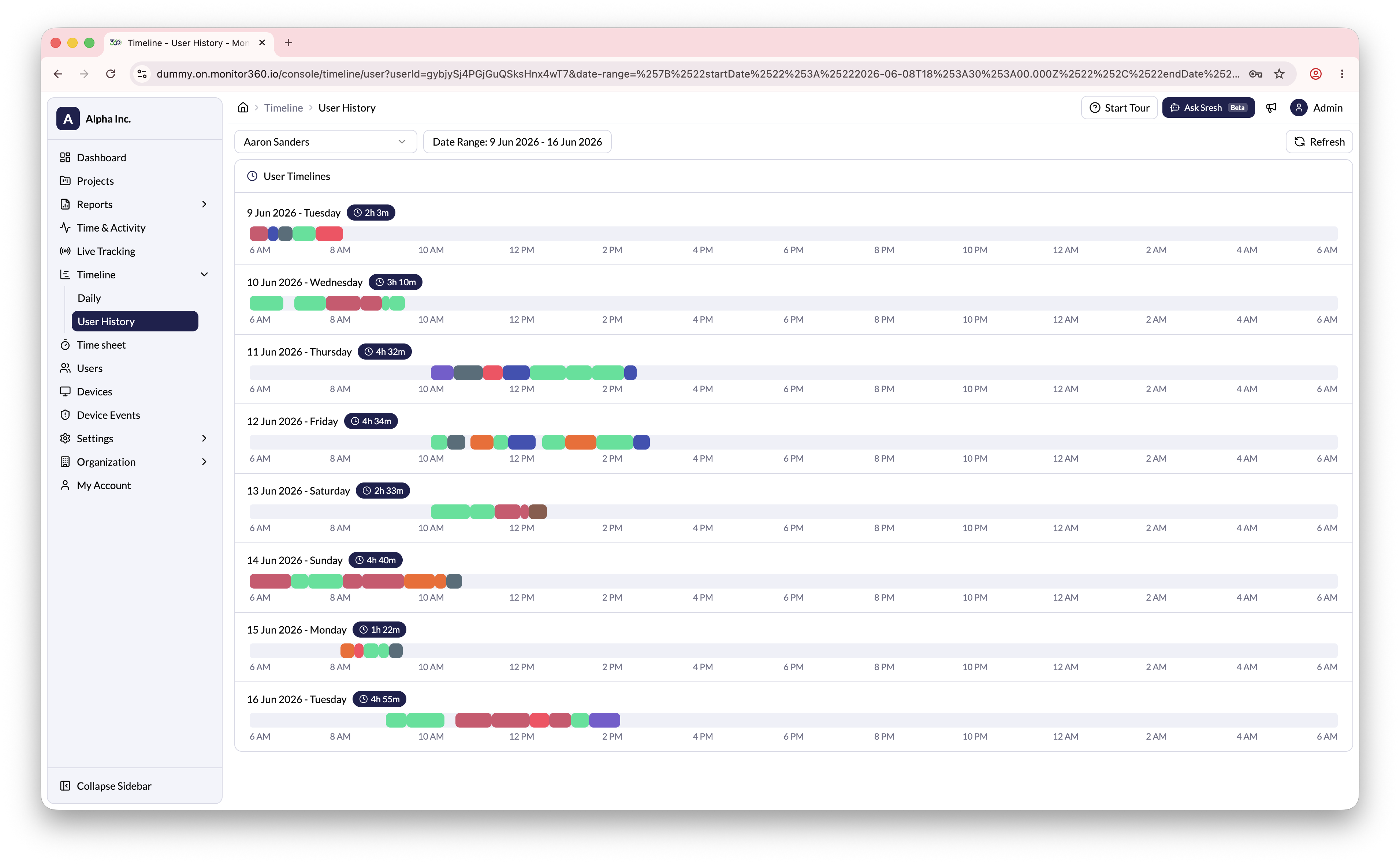 Timeline user history screen