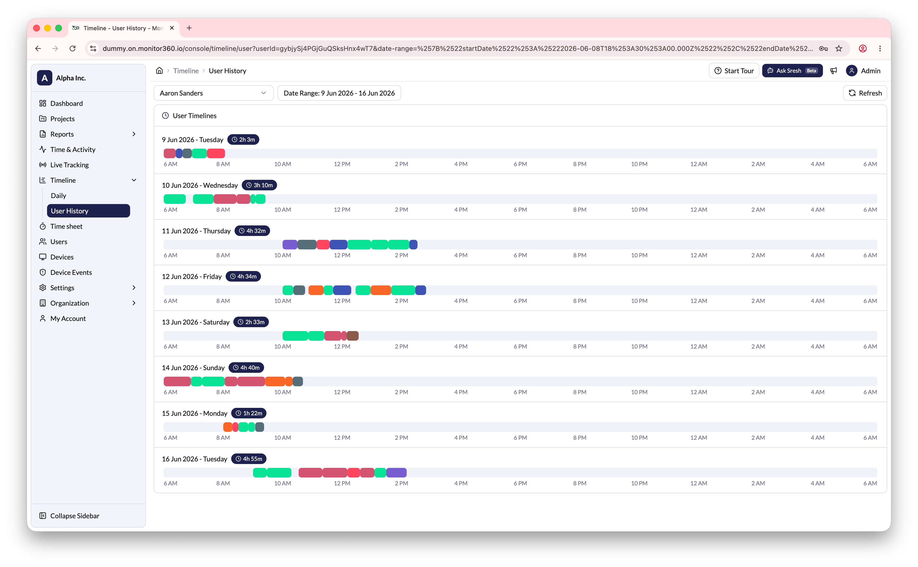 Timeline user history screen