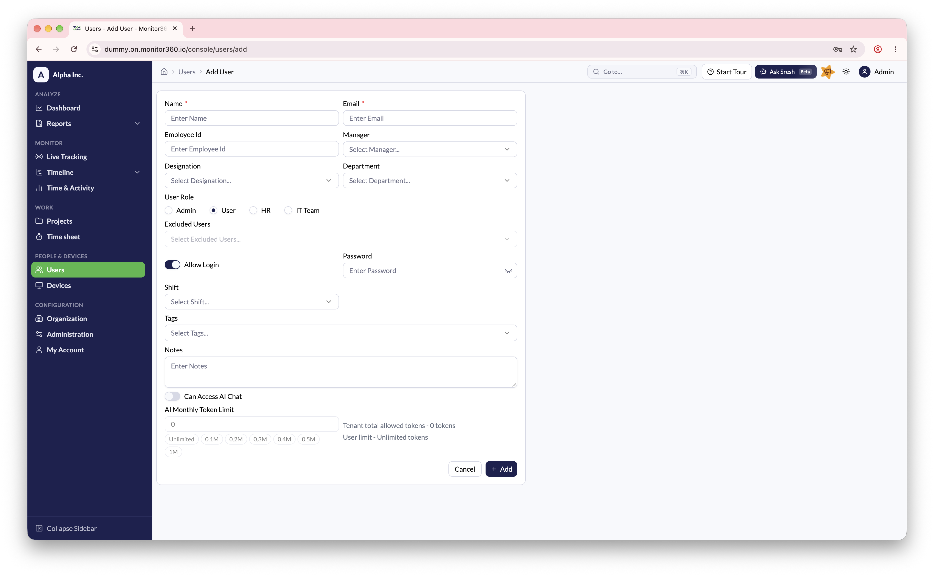 Add user screen