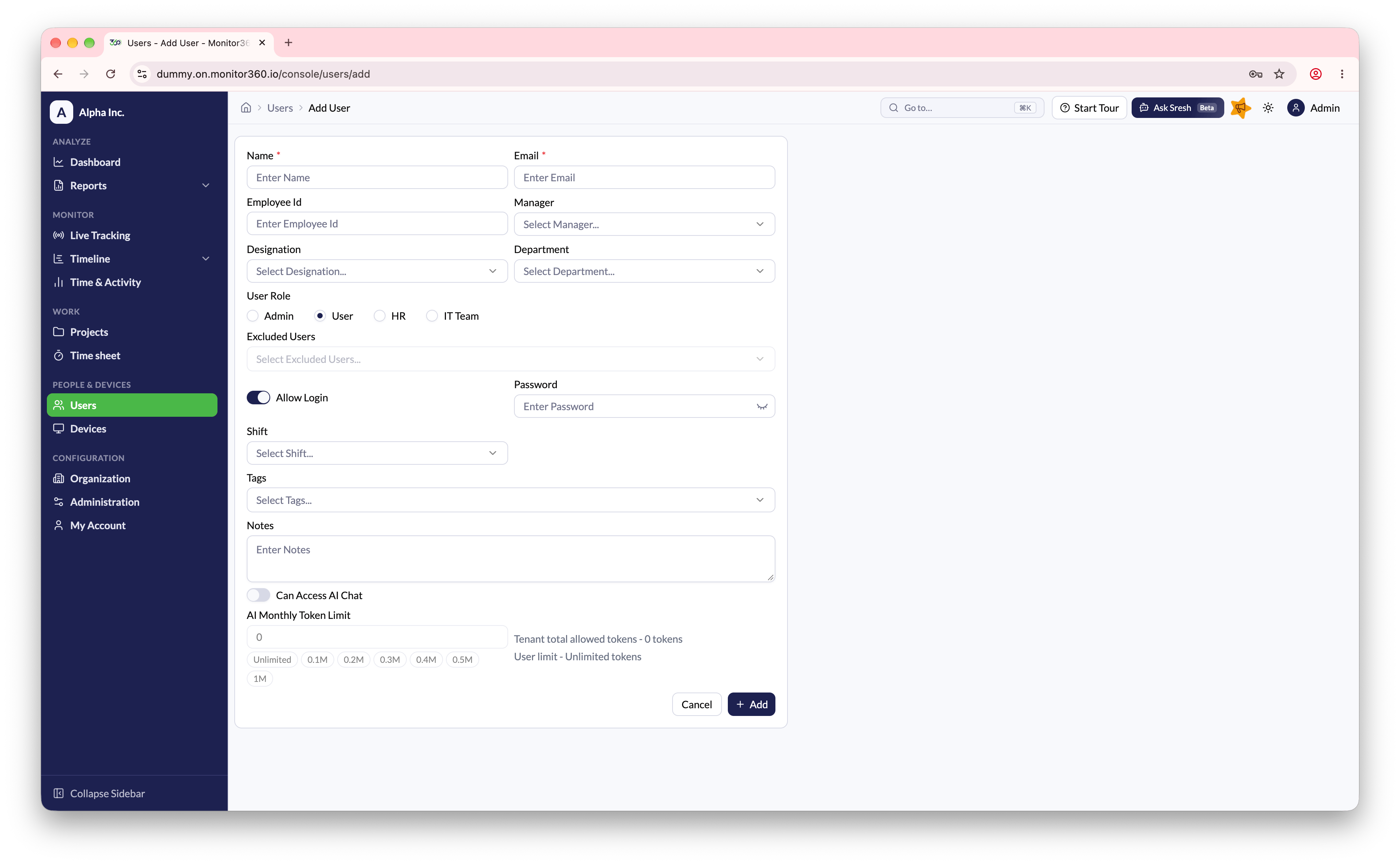 Add user screen