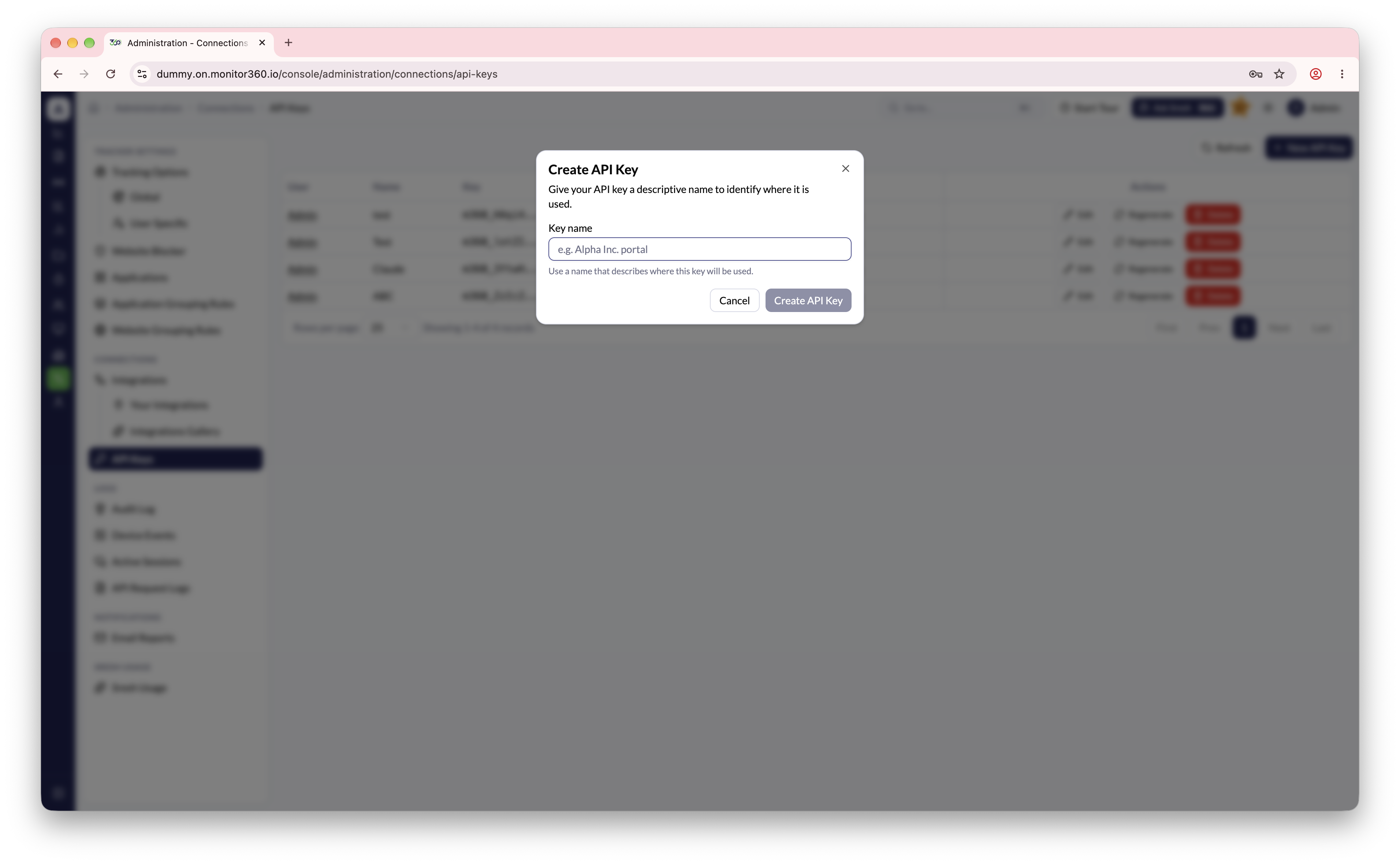 Create API Key dialog