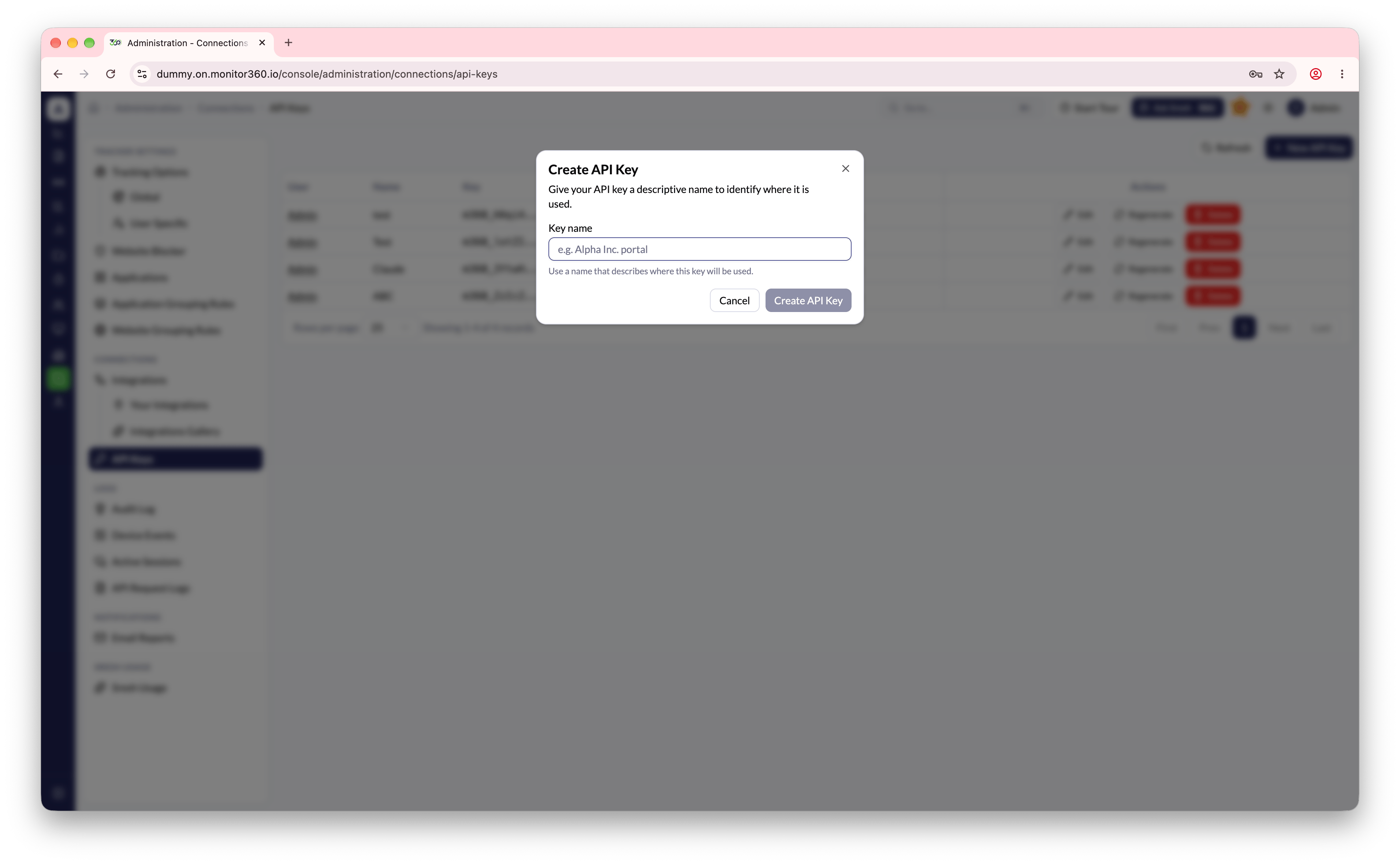 Create API Key dialog