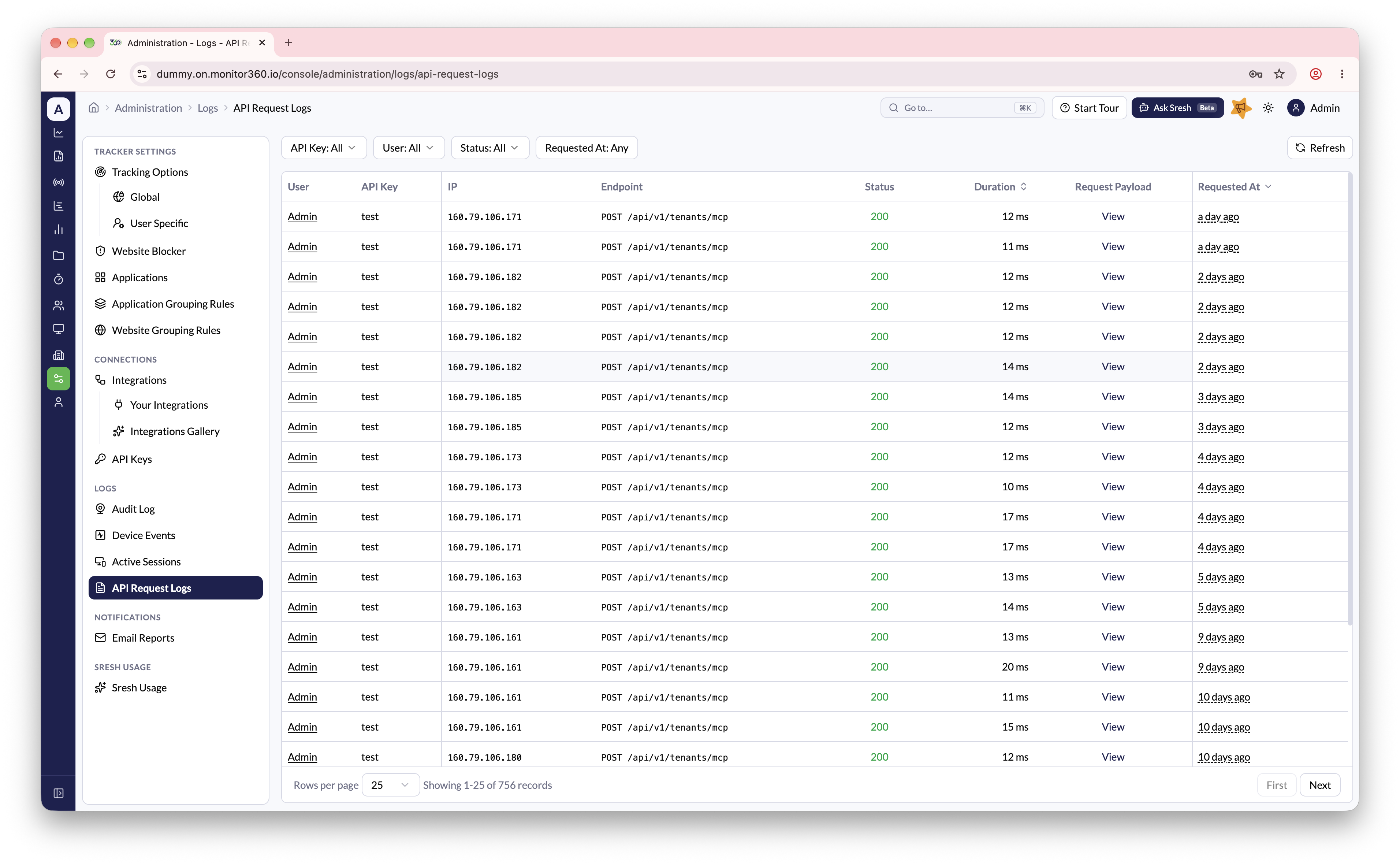API Key request logs