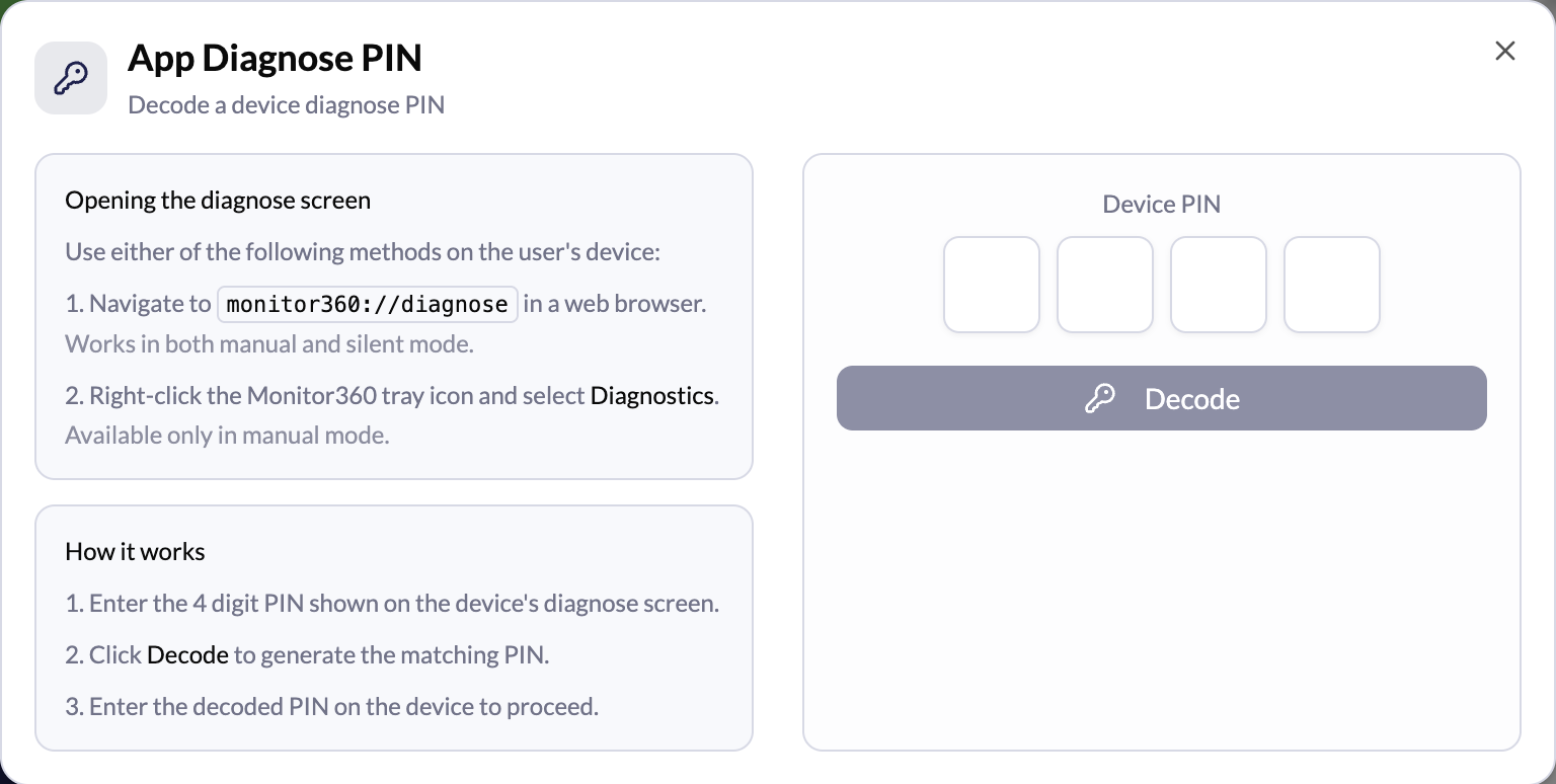 Screenshot needed: App Diagnose PIN dialog with a decoded PIN