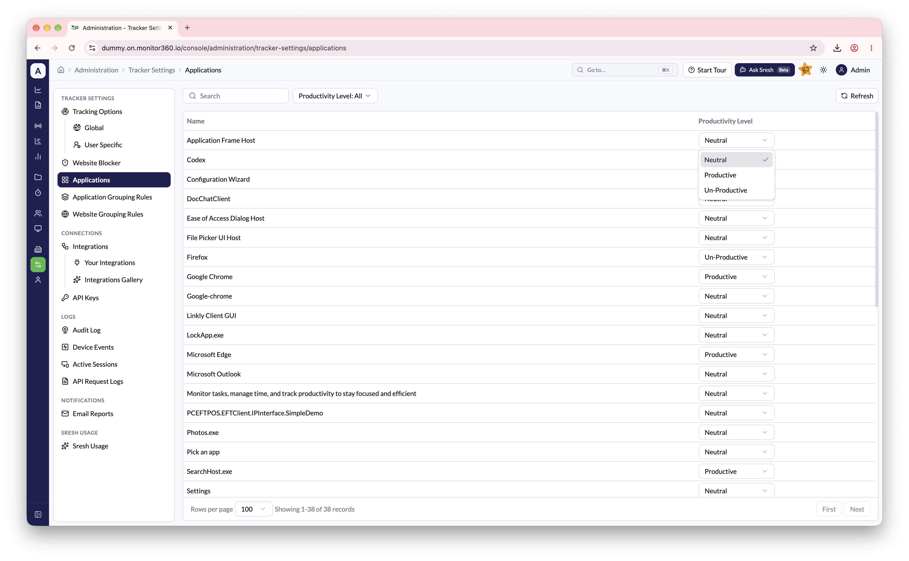 Screenshot needed: Applications list with the Productivity Level dropdown open