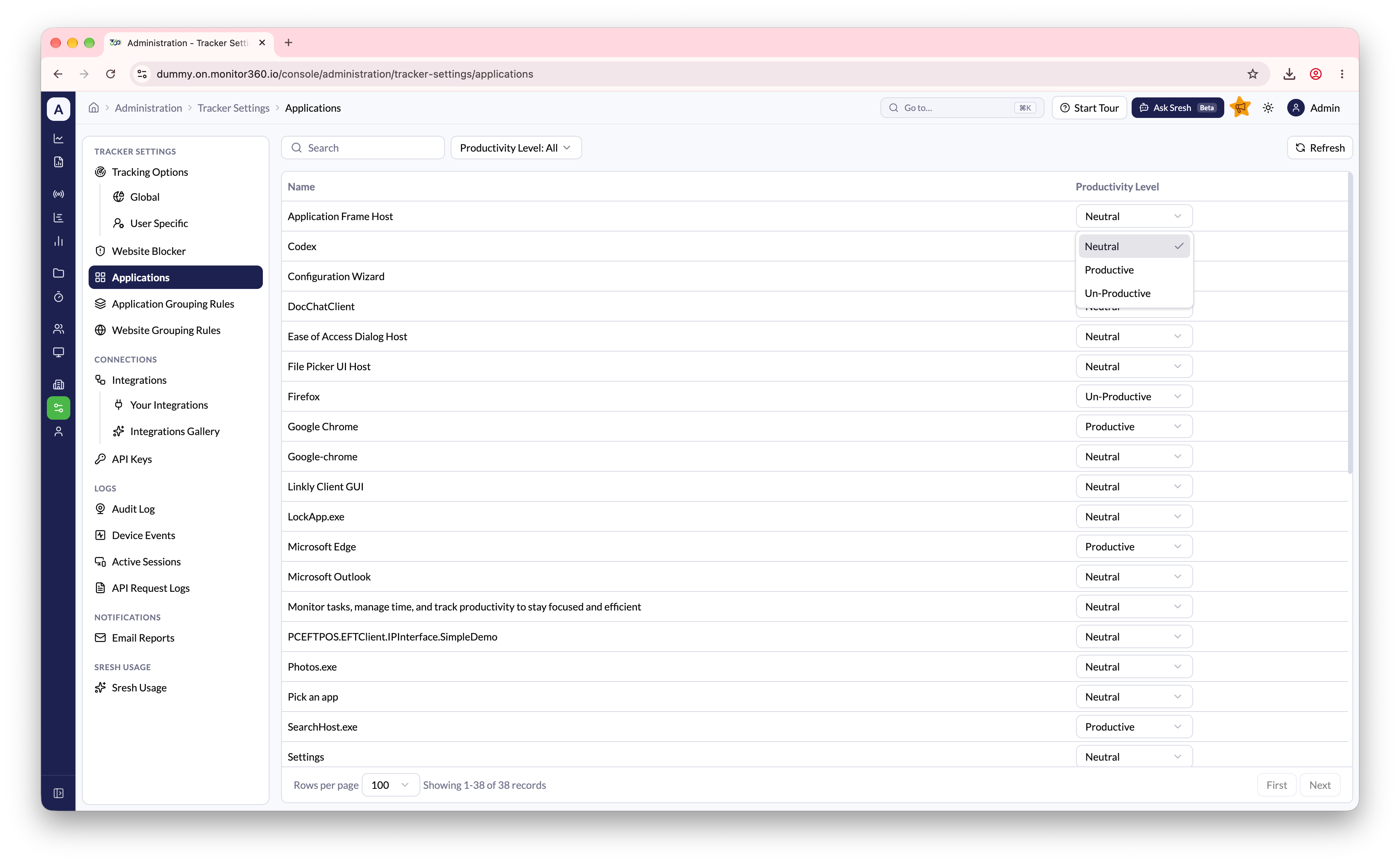 Screenshot needed: Applications list with the Productivity Level dropdown open