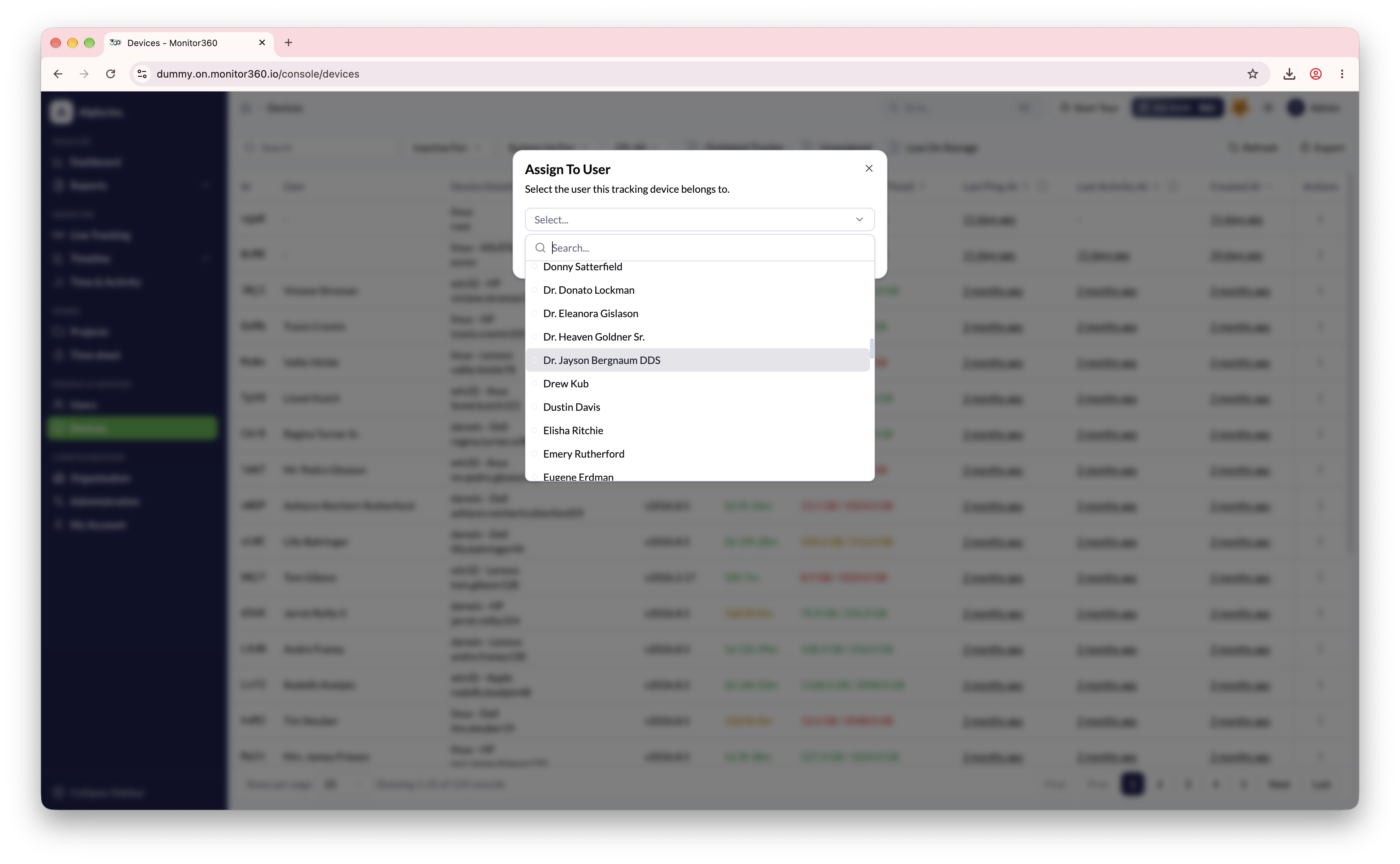 Assign device to user screen