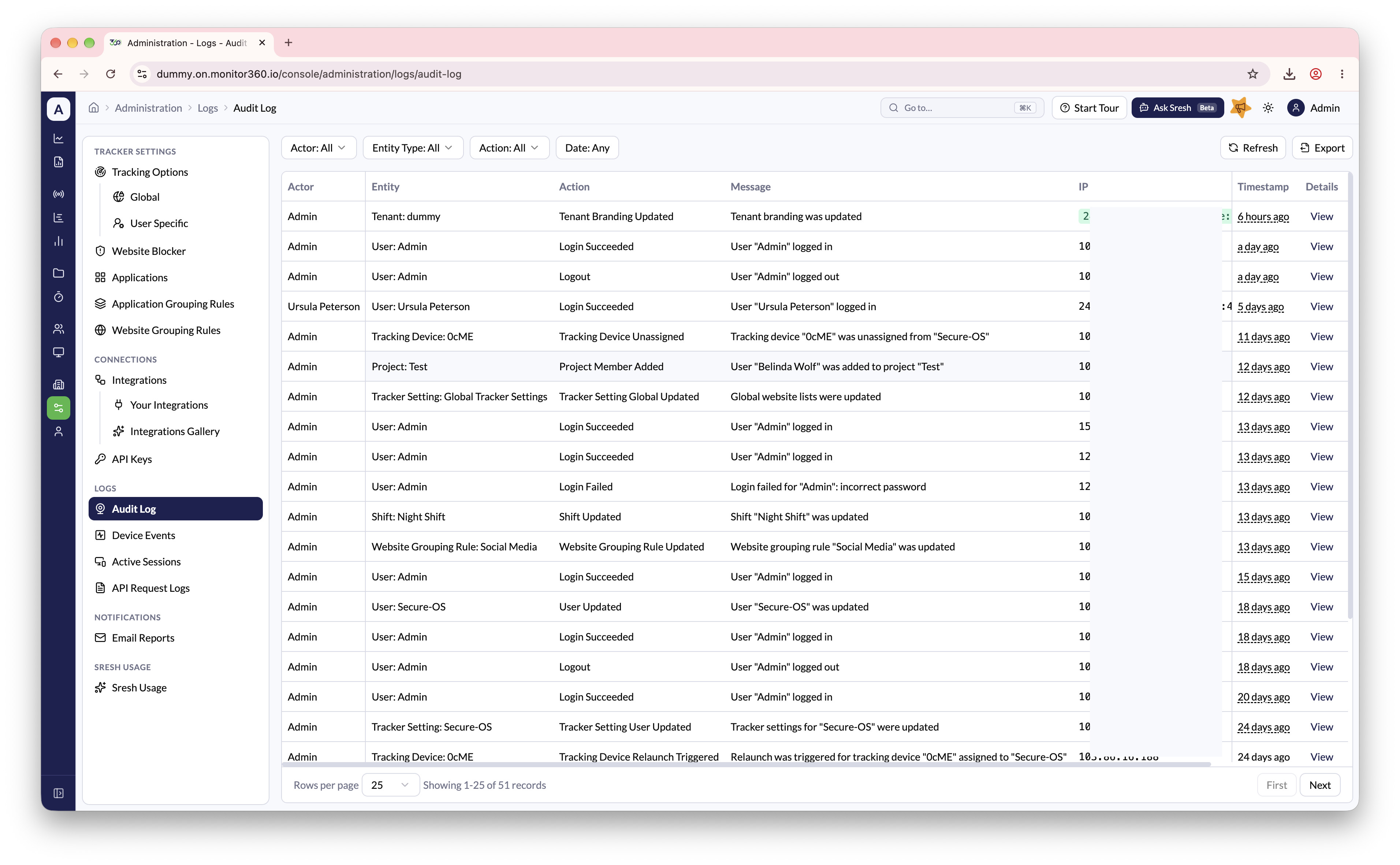 Audit logs screen