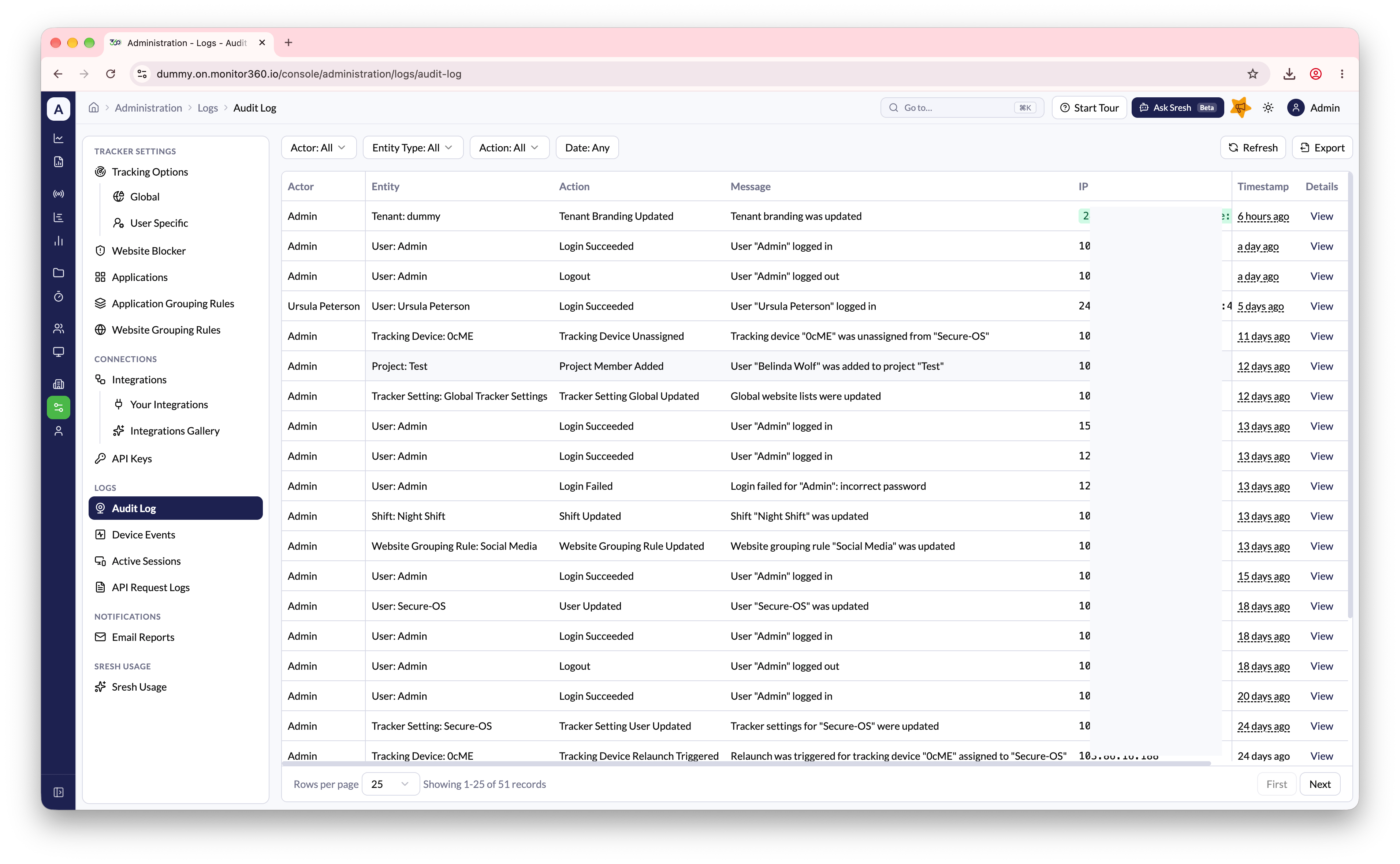 Audit logs screen