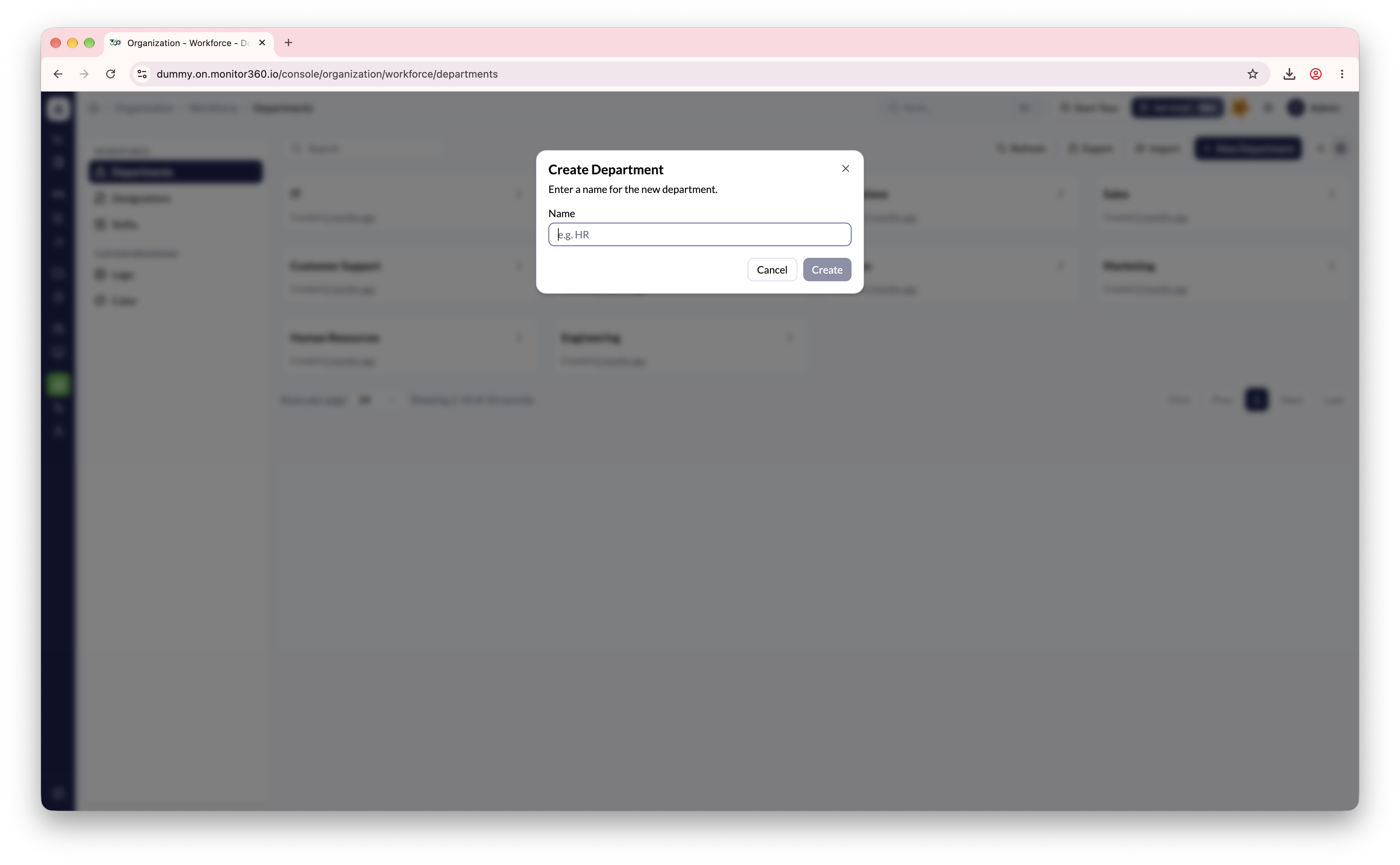 Create Department dialog