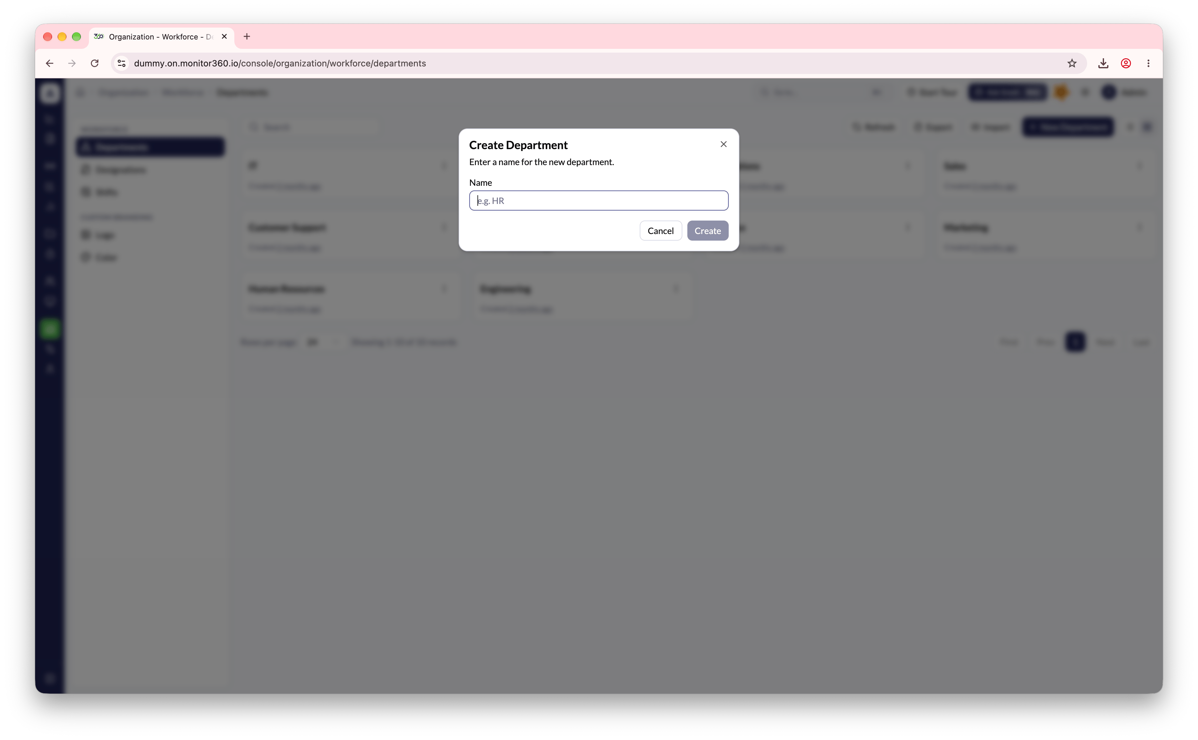 Create Department dialog