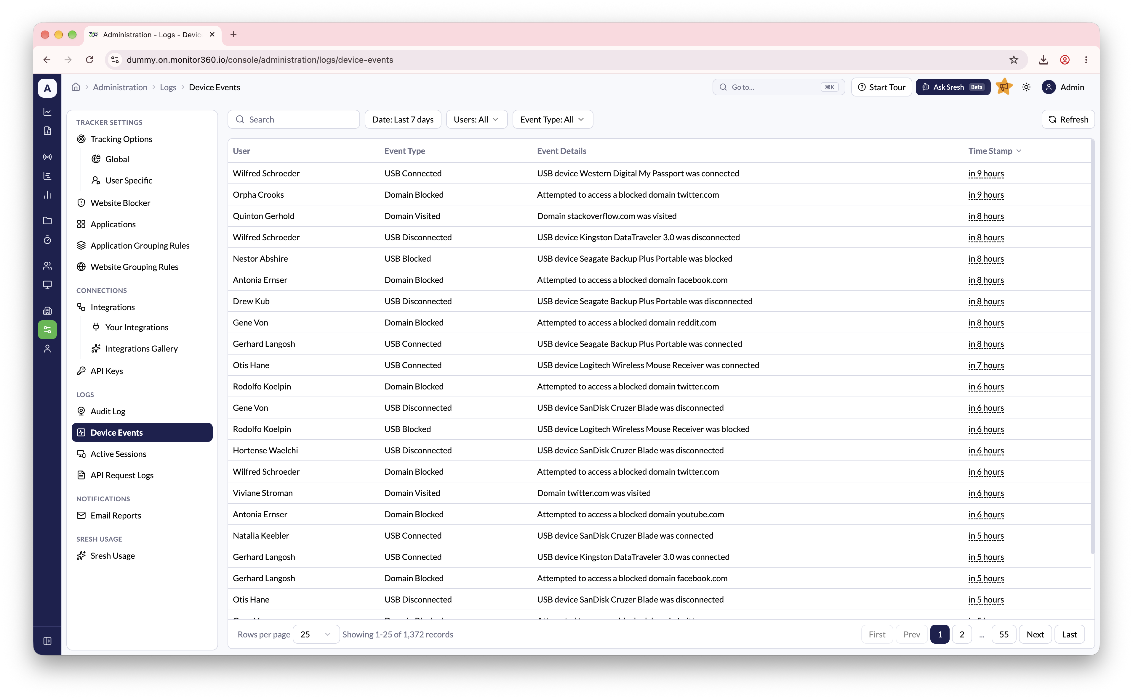 Device Events screen