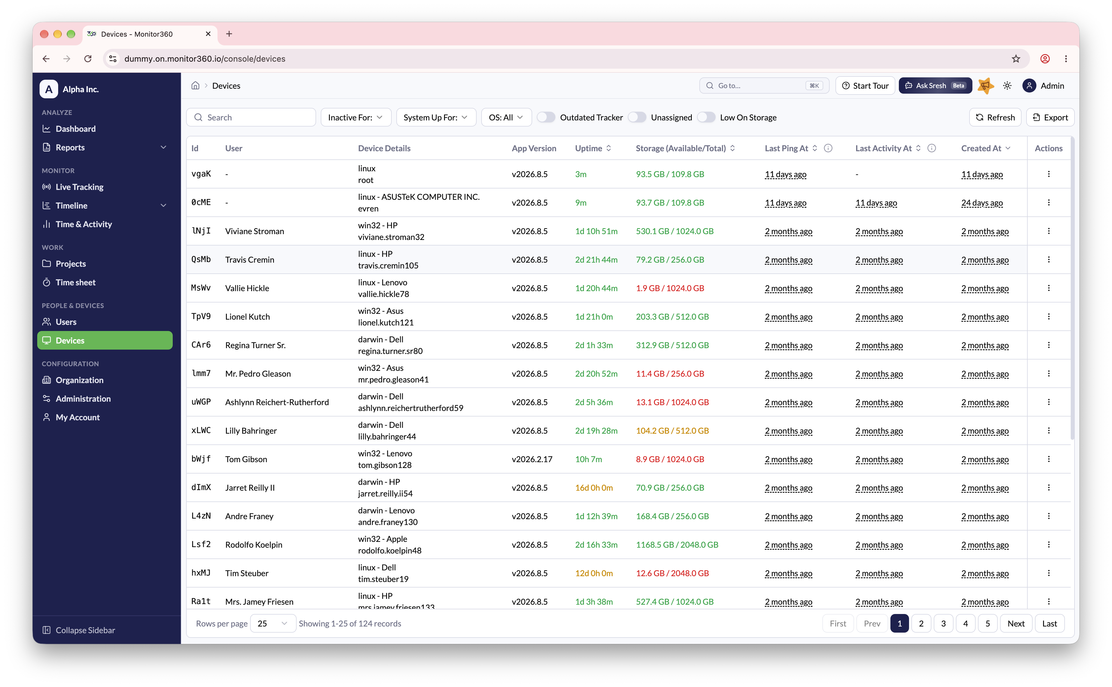 Screenshot needed: Devices list with Uptime, Storage, Last Ping, and Last Activity columns