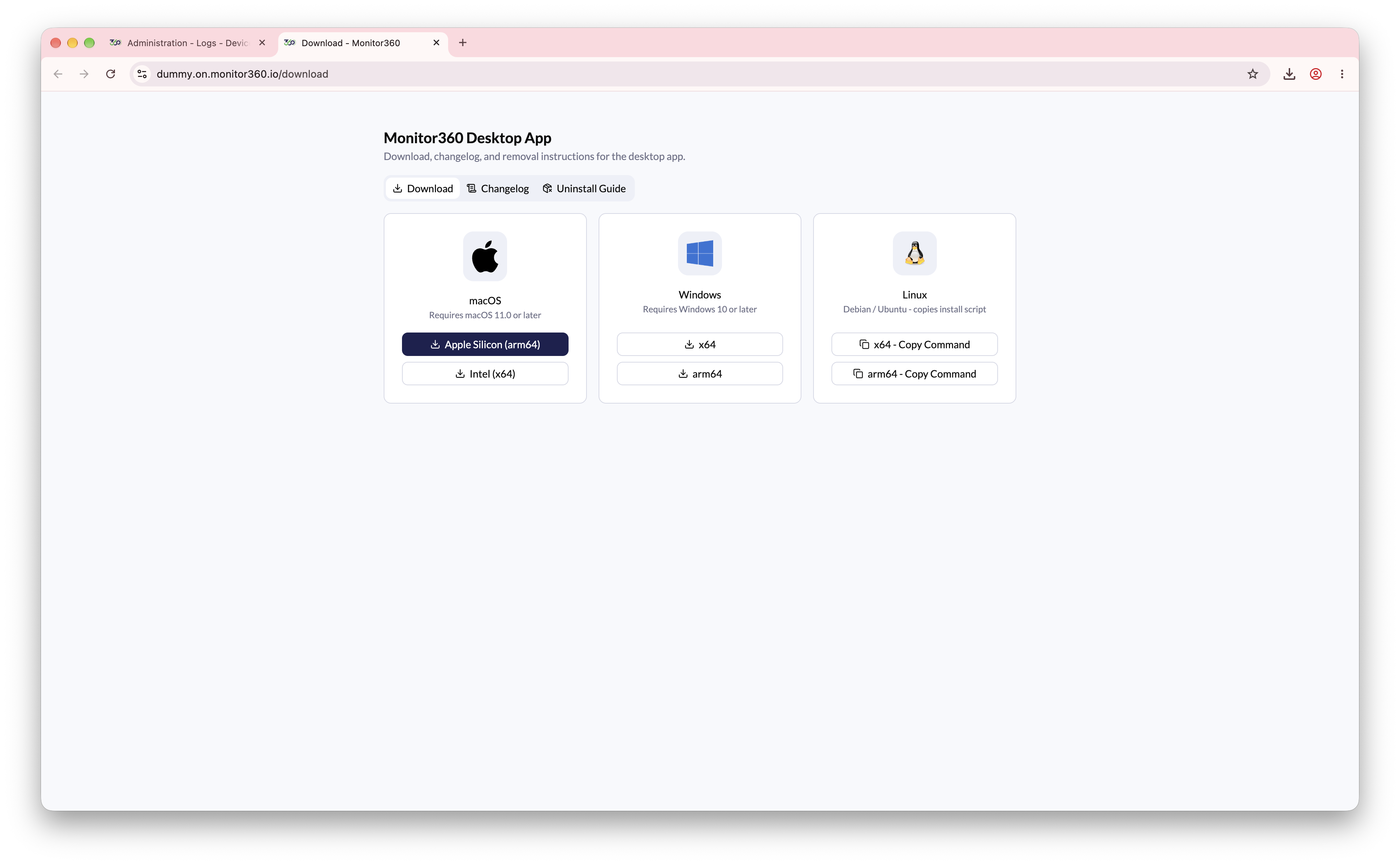 Monitor360 Desktop App download page