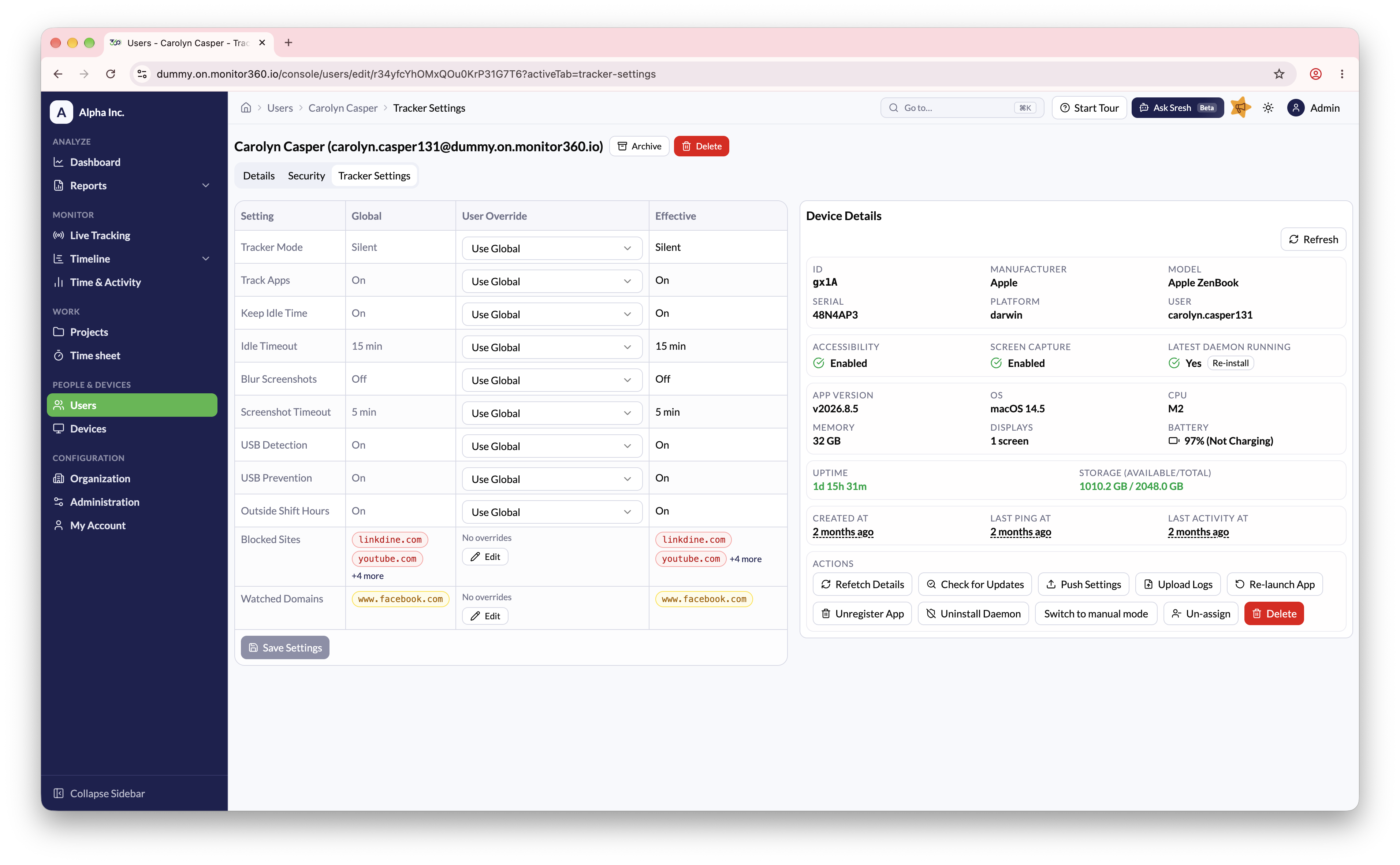 Screenshot needed: Edit User - Tracker Settings tab with Device Details and action buttons