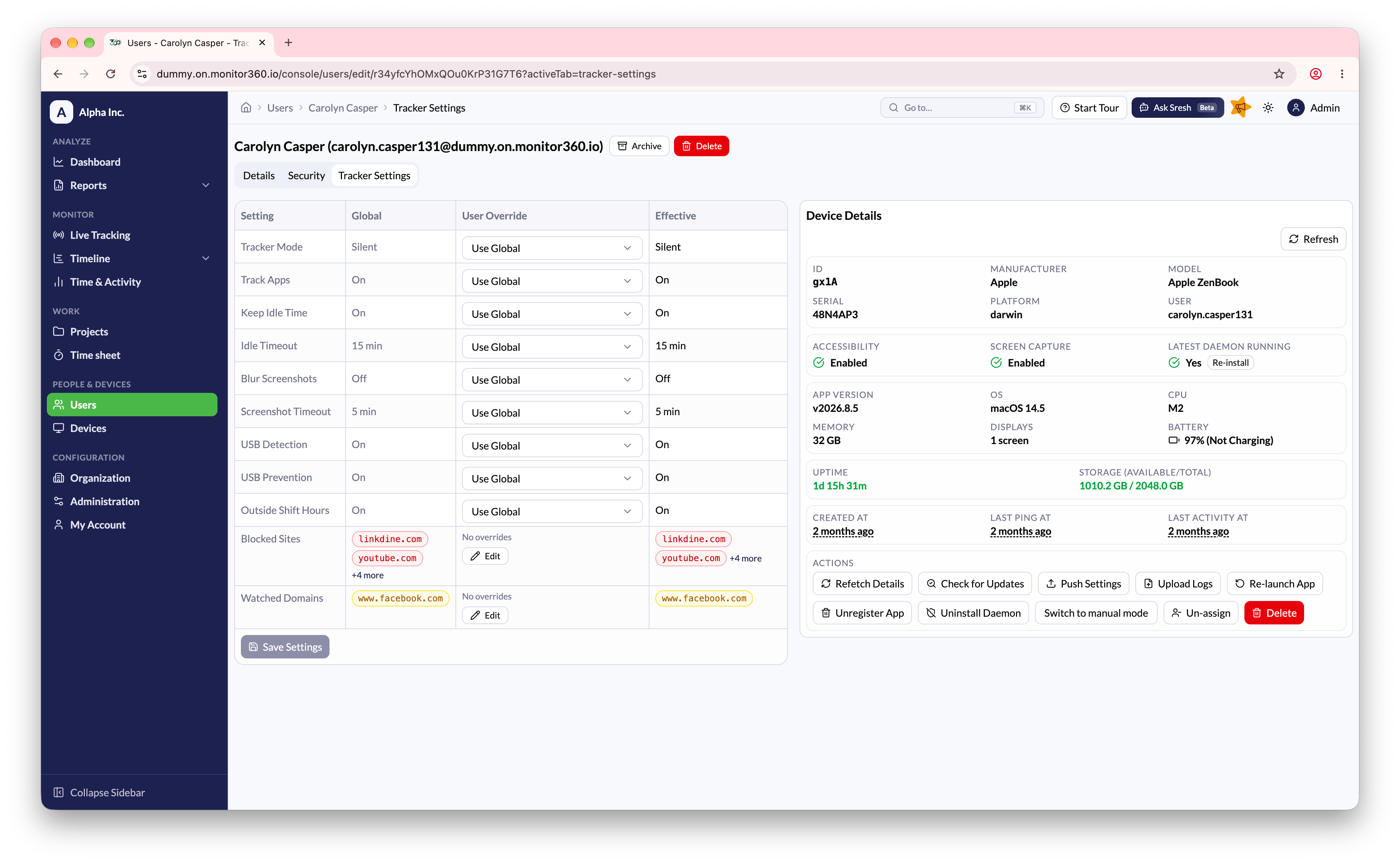 Screenshot needed: Edit User - Tracker Settings tab with Device Details and action buttons