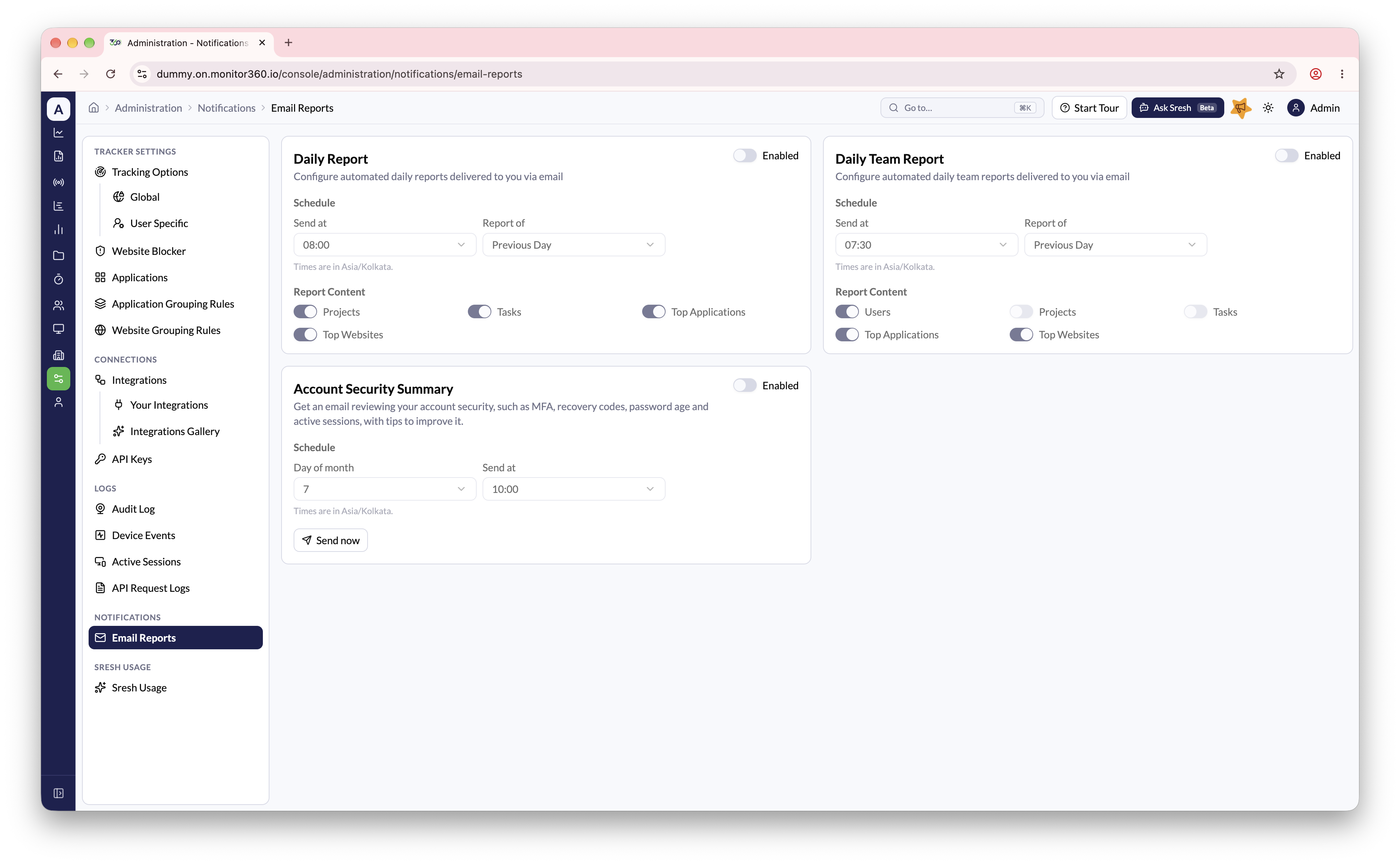 Email reports screen