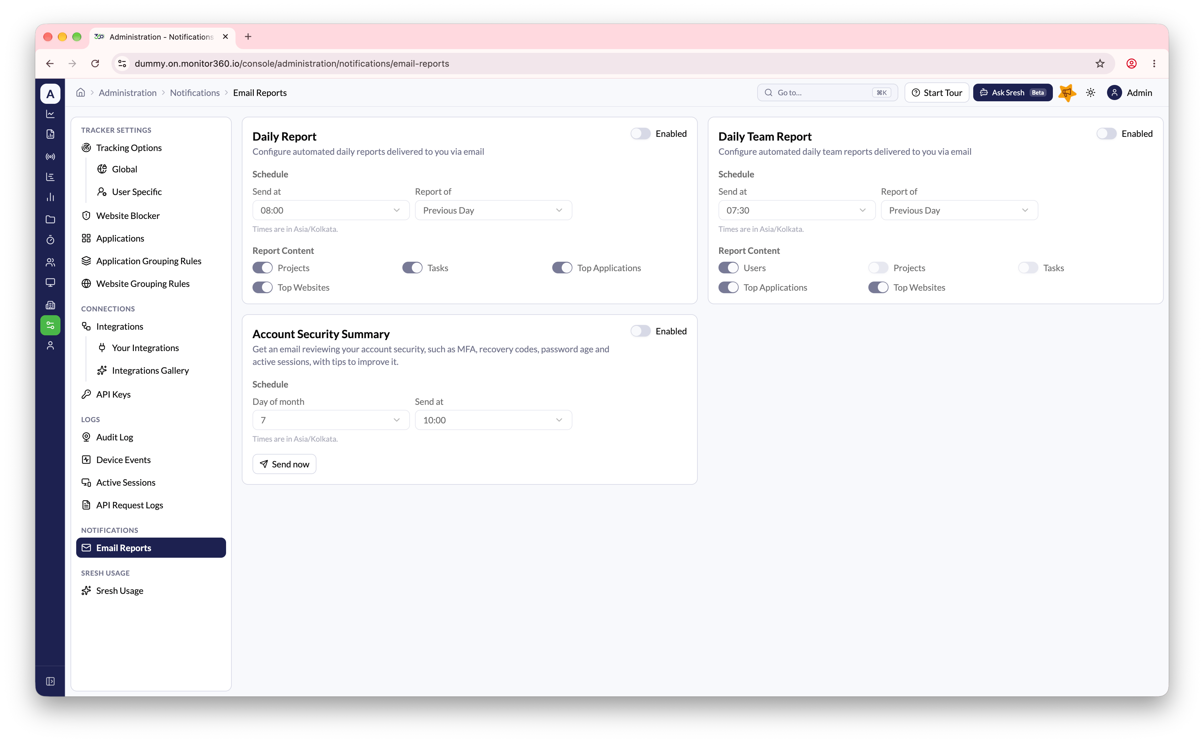 Email reports screen
