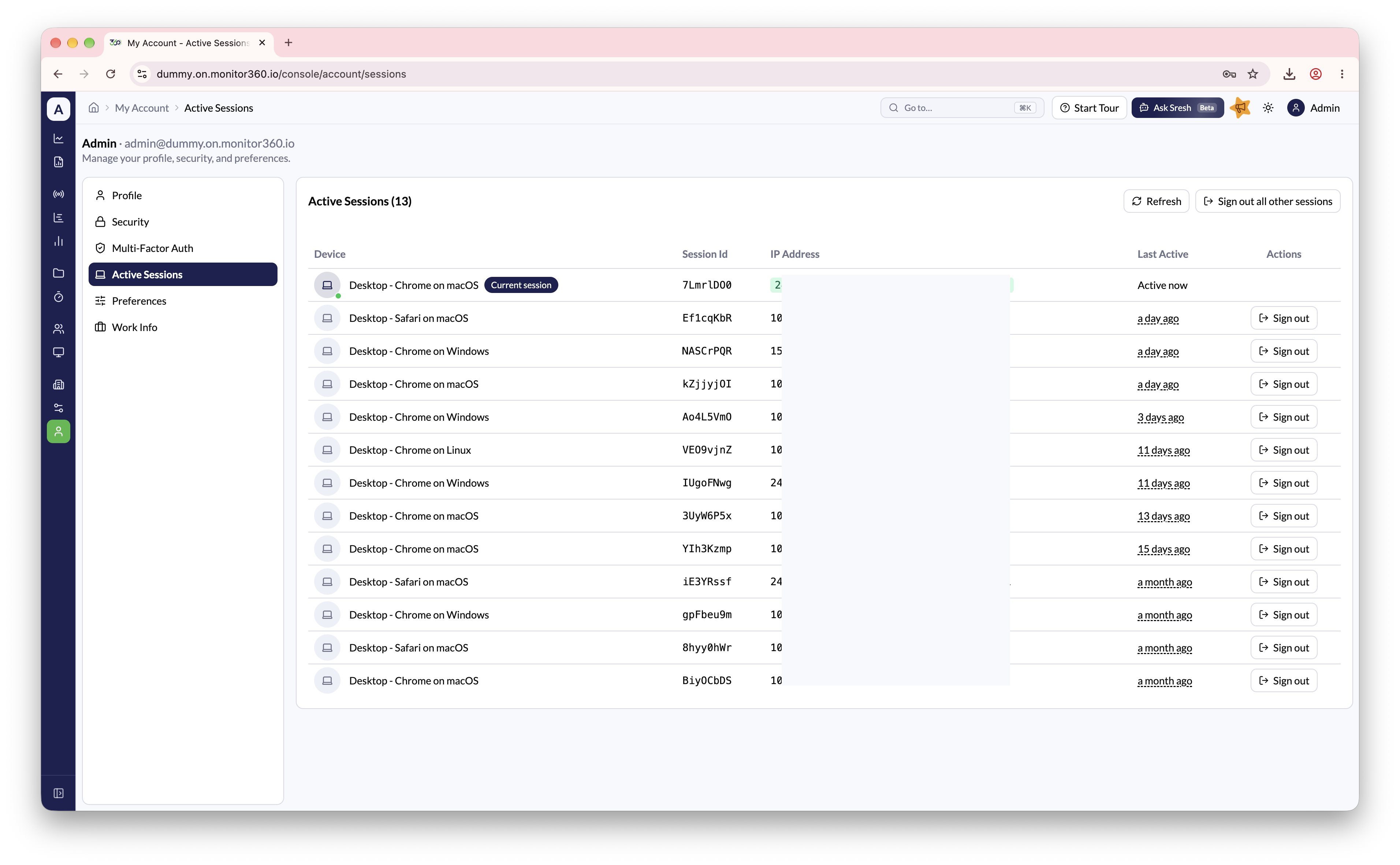 Active Sessions section
