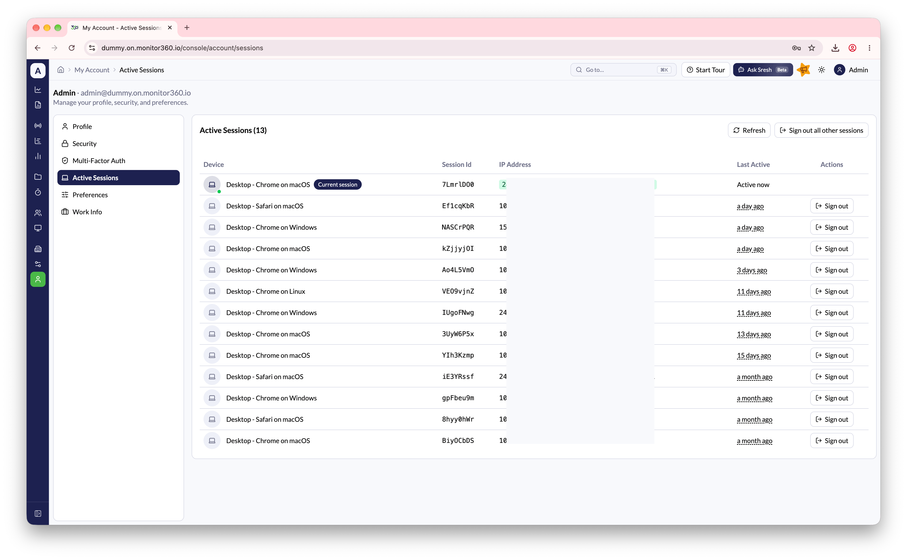 Active Sessions section