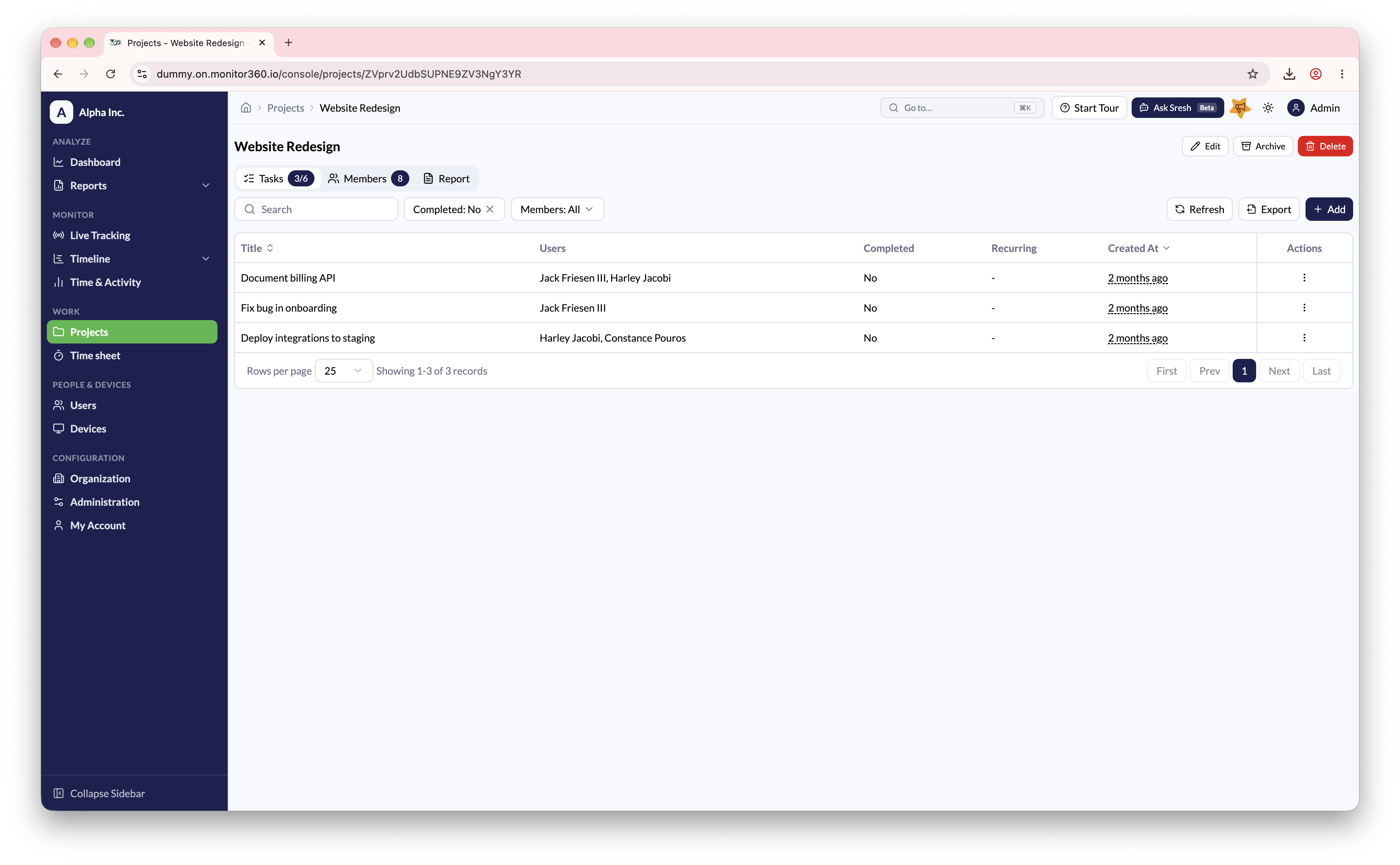 Screenshot needed: Project details page on the Tasks tab